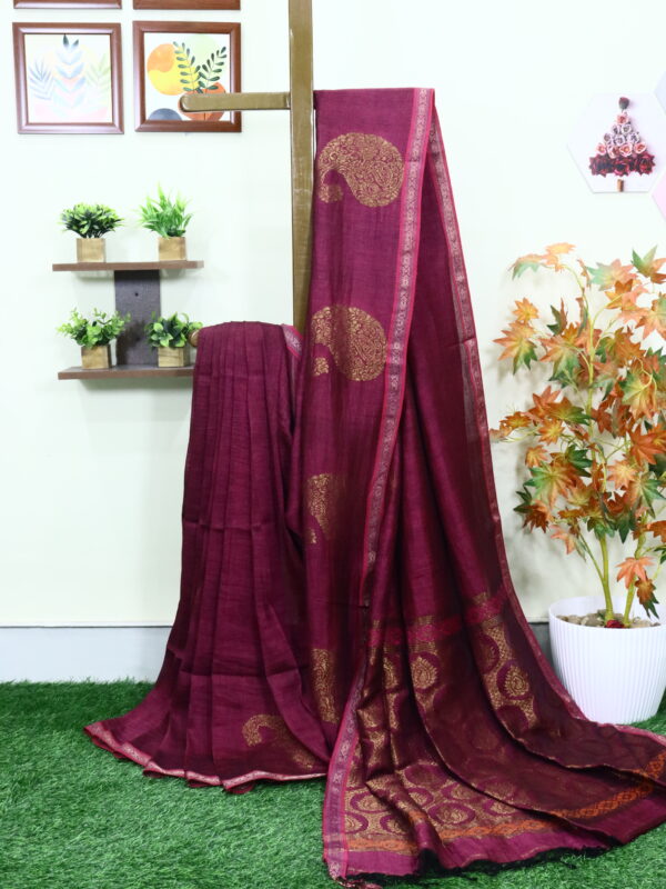 Beetroot Paisley Buta Organic Linen Jamdani Saree