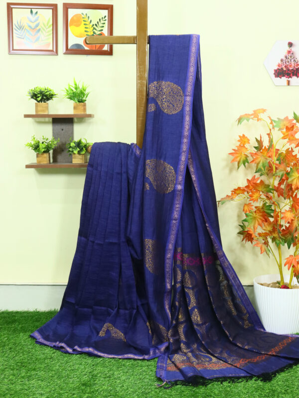 Navy Blue Paisley Buta Organic Linen Jamdani Saree