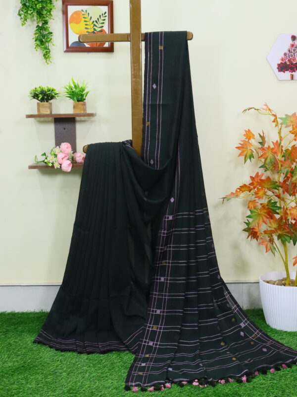 Blackish Bottle Green Premium Mulmul Cotton Jamdani Saree