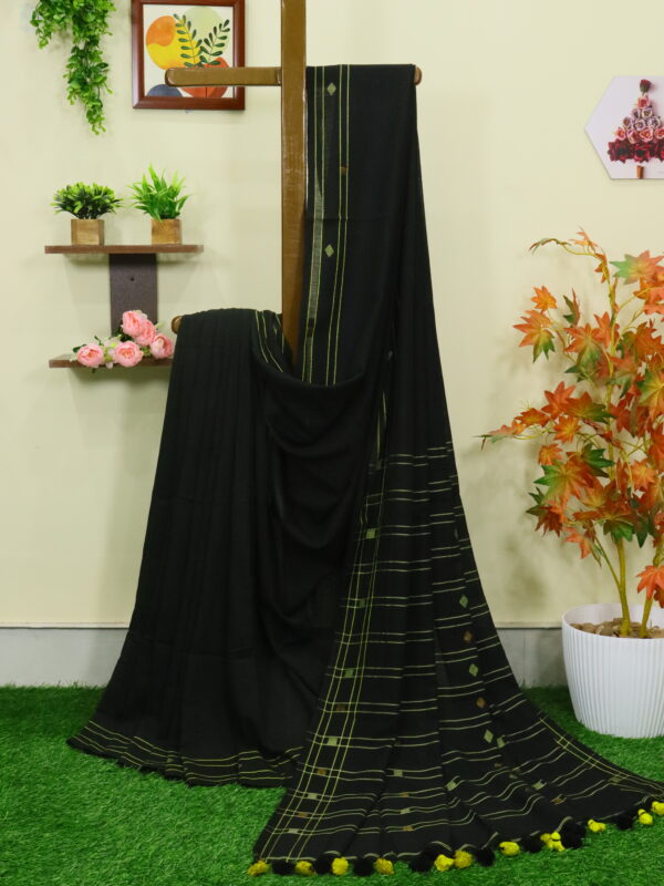 Yellow Black Premium Mulmul Cotton Jamdani Saree