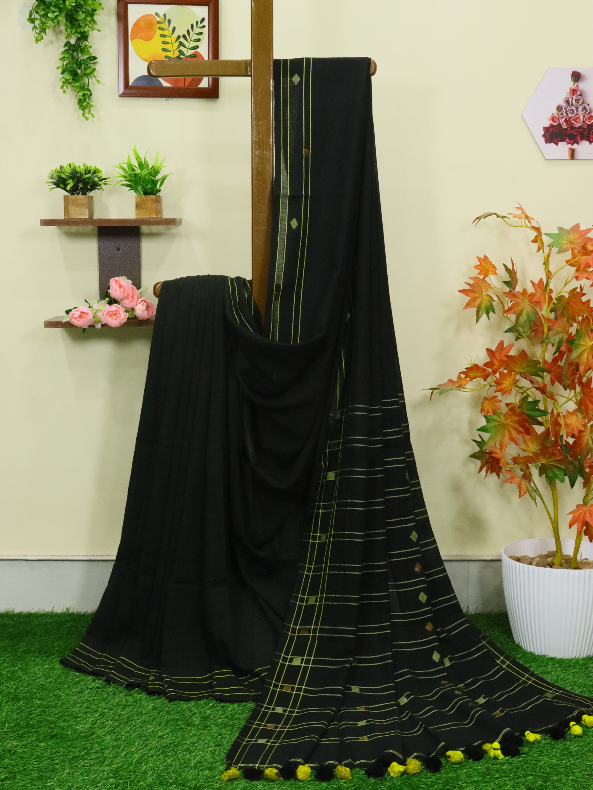Yellow Black Premium Mulmul Cotton Jamdani Saree