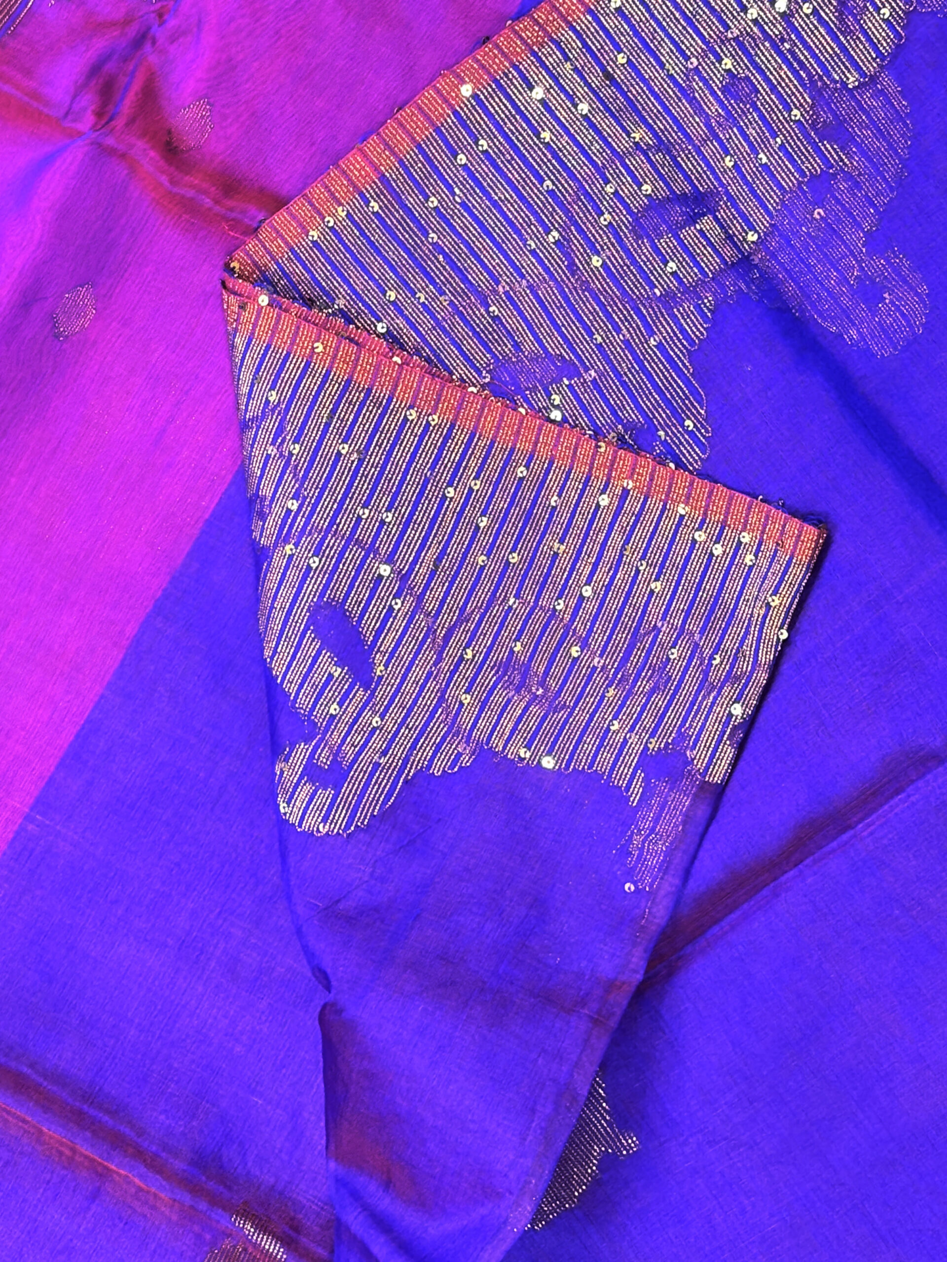 Purple Matka Muslin Silk Antique Zari Sequence Work Jamdani Saree - Image 8