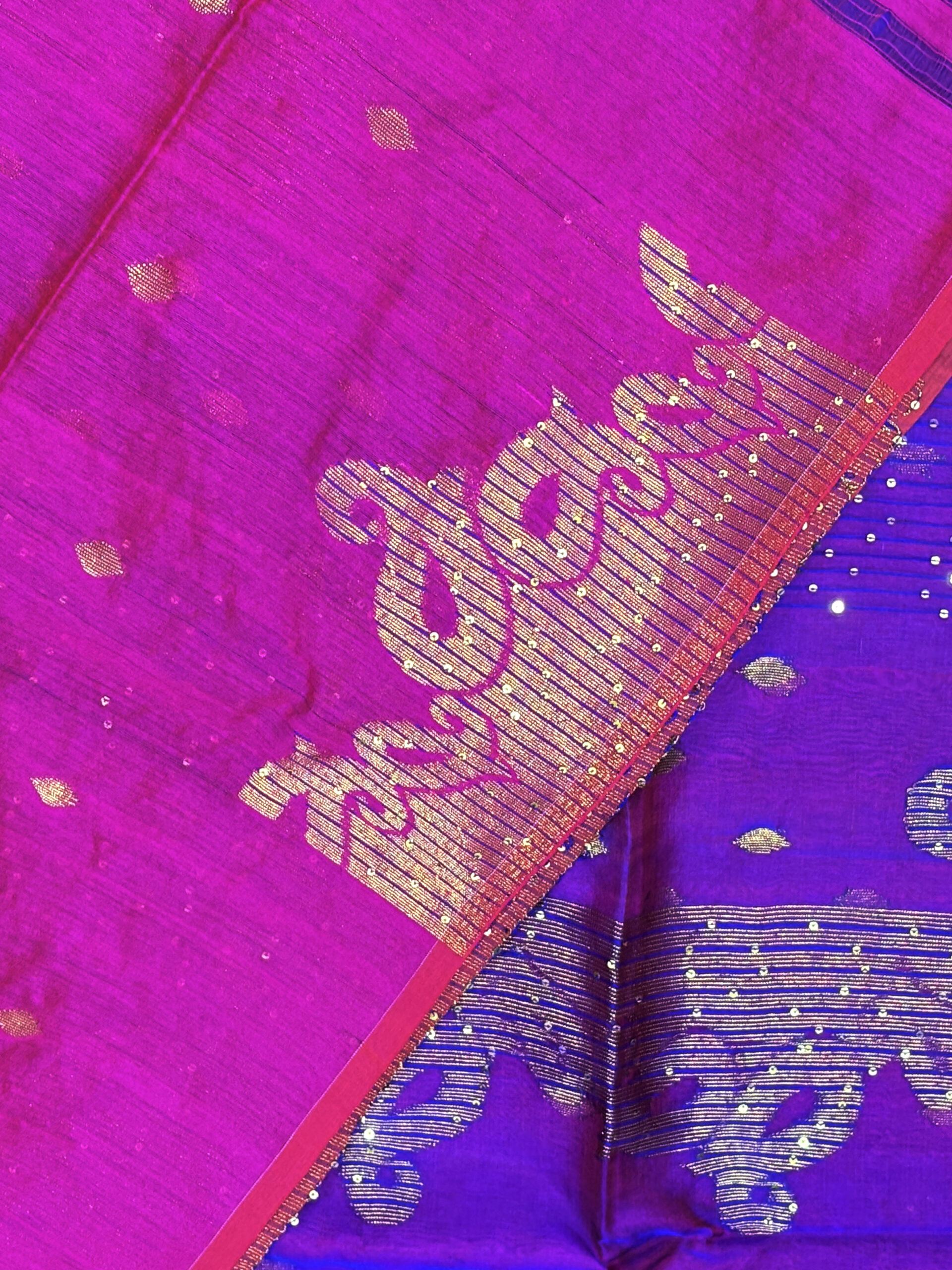 Purple Matka Muslin Silk Antique Zari Sequence Work Jamdani Saree - Image 9