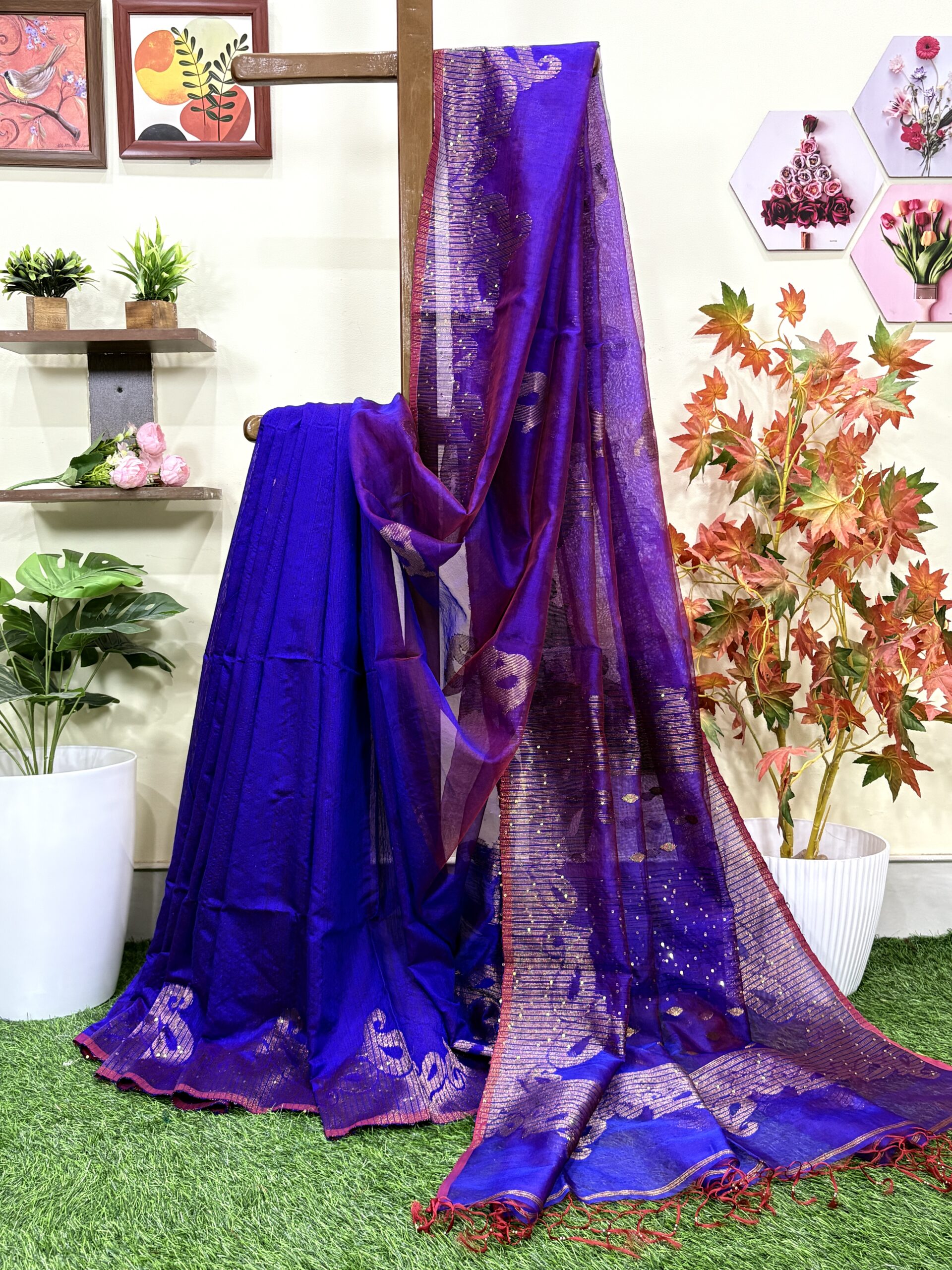 Purple Matka Muslin Silk Antique Zari Sequence Work Jamdani Saree