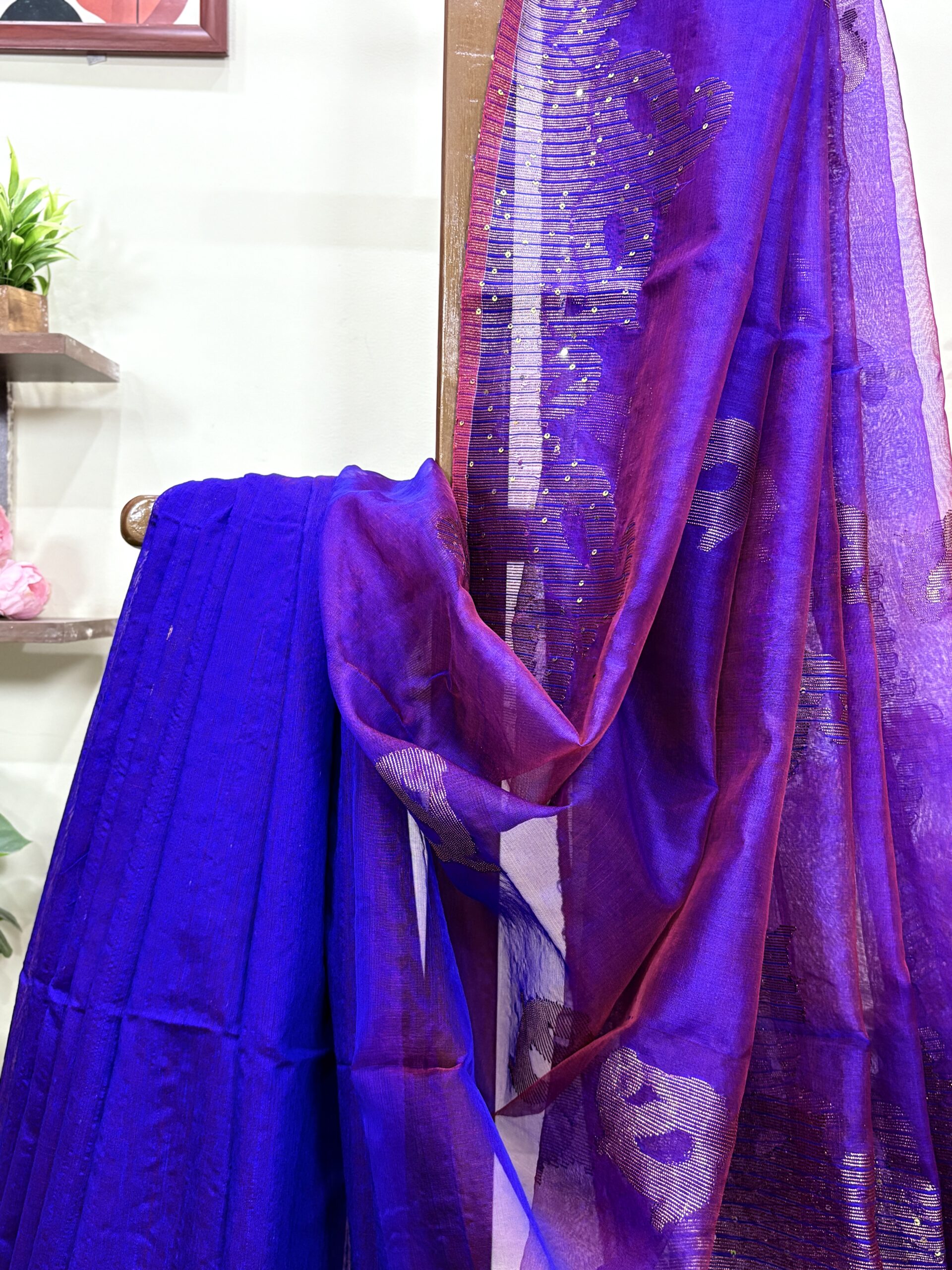Purple Matka Muslin Silk Antique Zari Sequence Work Jamdani Saree - Image 4