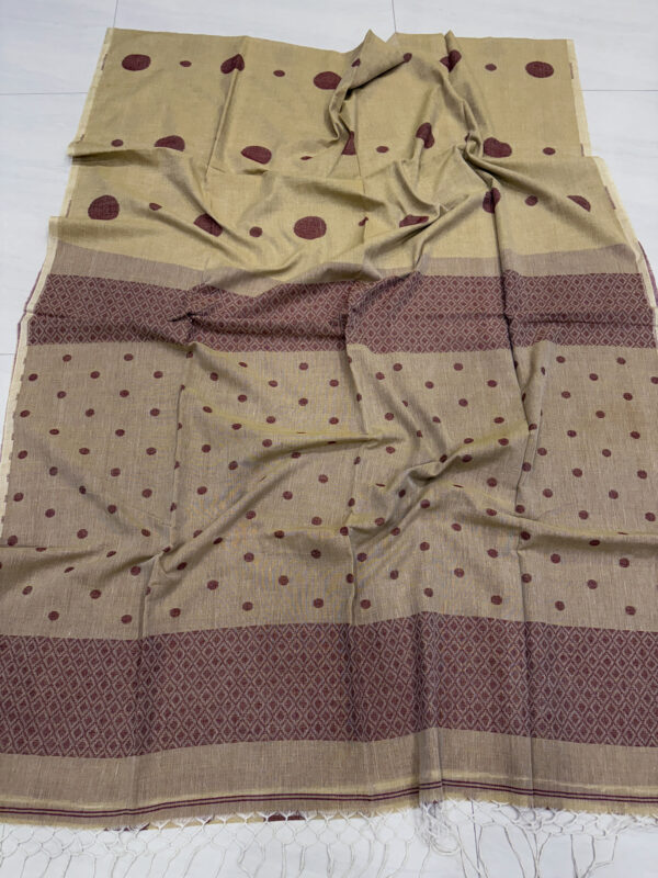 Dark Beige Handloom Mulmul Cotton Polka Dot Jamdani Saree