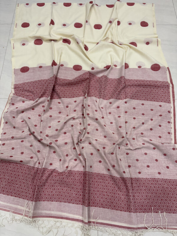 Off-White Handloom Mulmul Cotton Polka Dot Jamdani Saree
