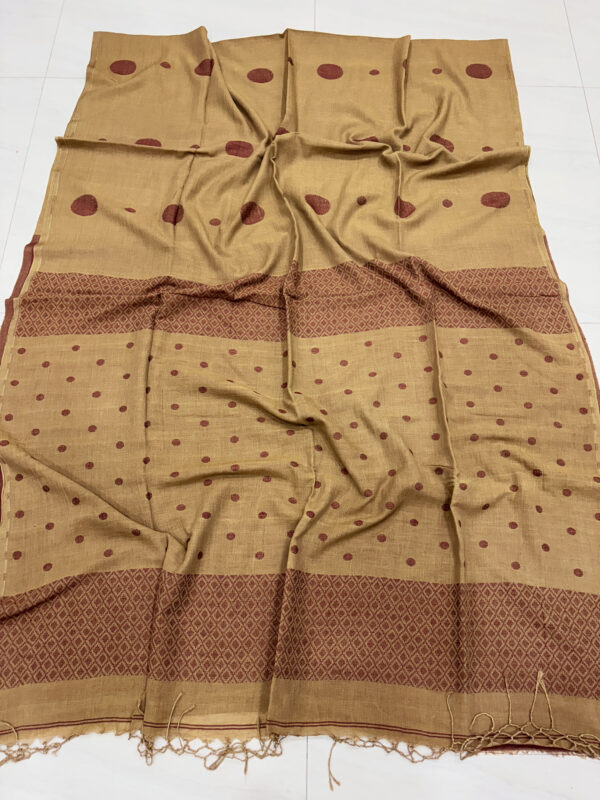 Light Brown Handloom Mulmul Cotton Polka Dot Jamdani Saree