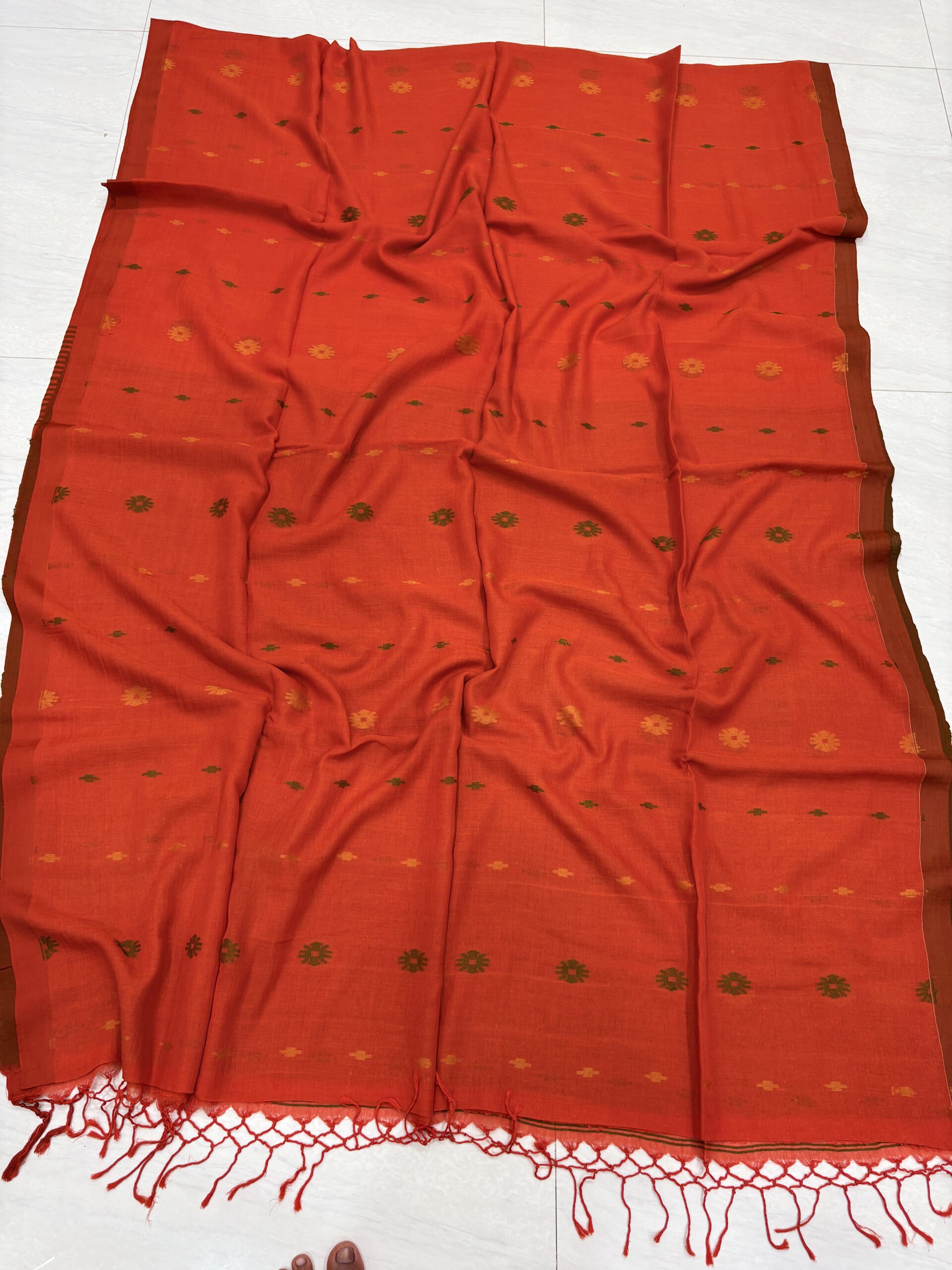 Orange Handloom Mulmul Cotton Dhakai Jamdani Saree - Image 3