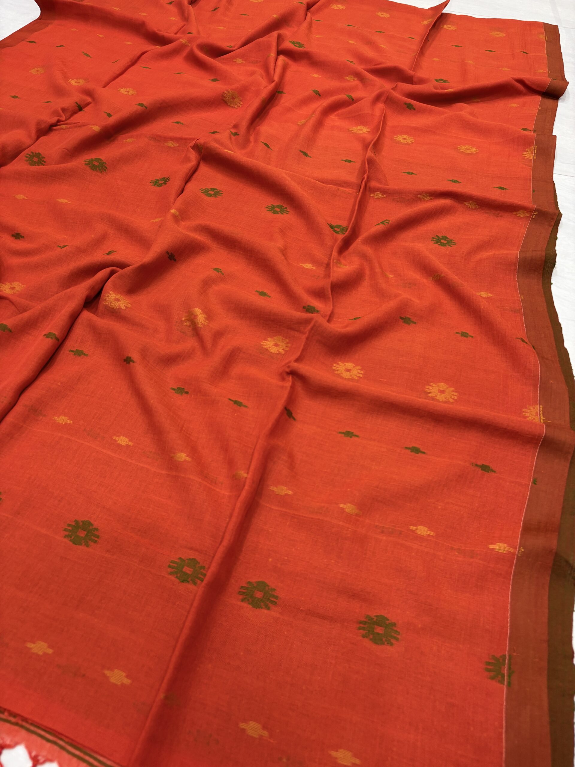 Orange Handloom Mulmul Cotton Dhakai Jamdani Saree - Image 2
