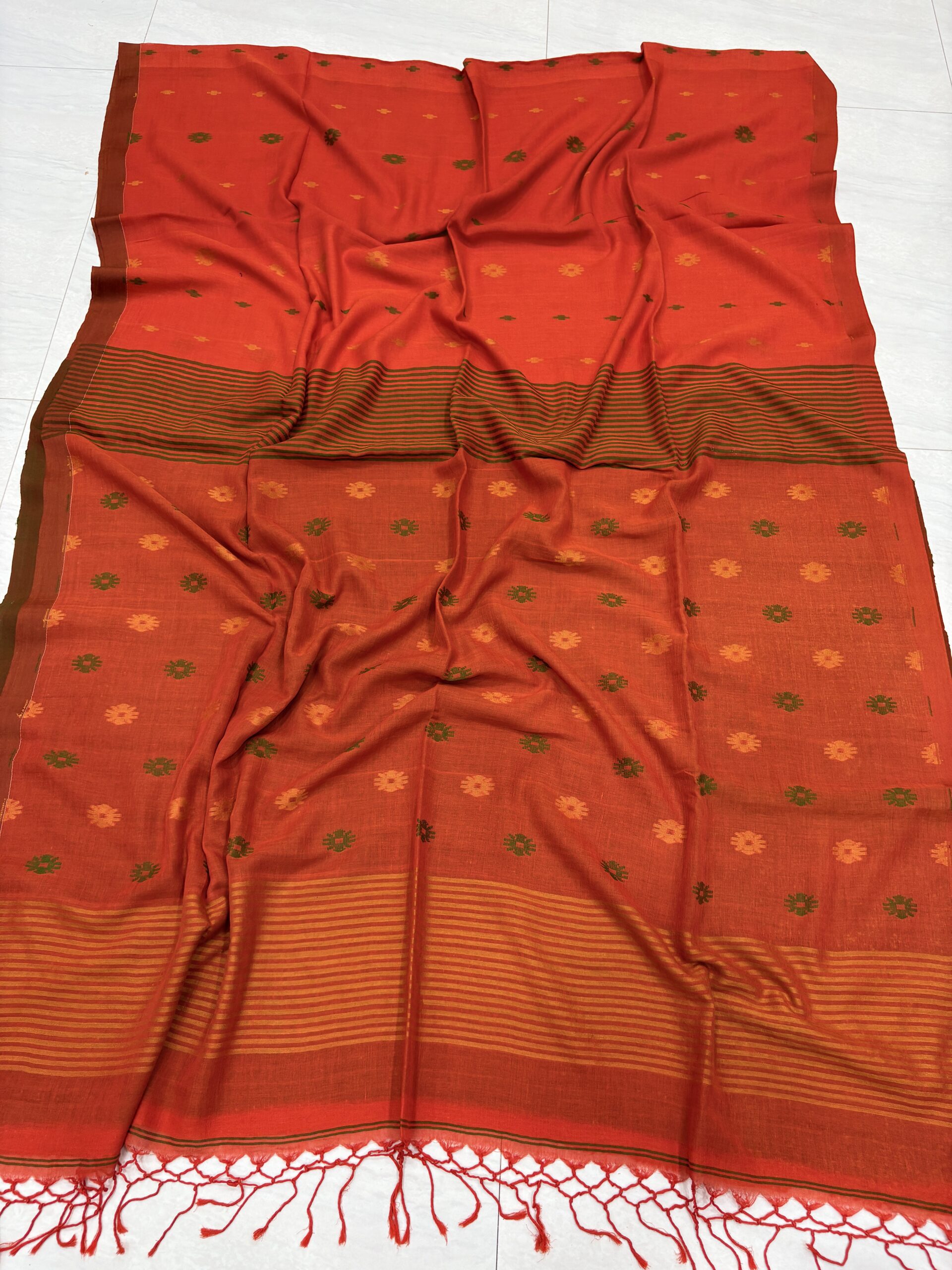Orange Handloom Mulmul Cotton Dhakai Jamdani Saree