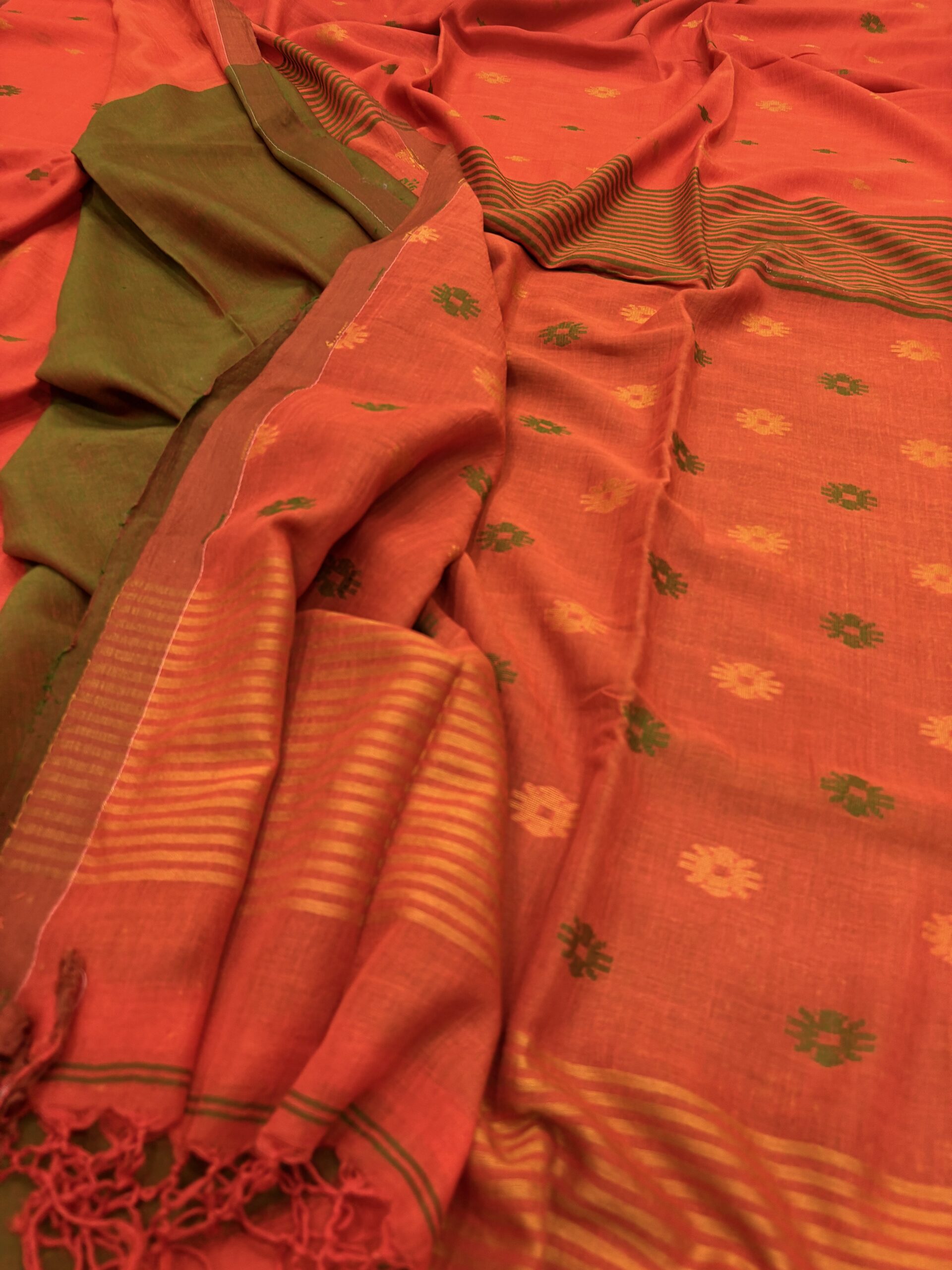 Orange Handloom Mulmul Cotton Dhakai Jamdani Saree - Image 5