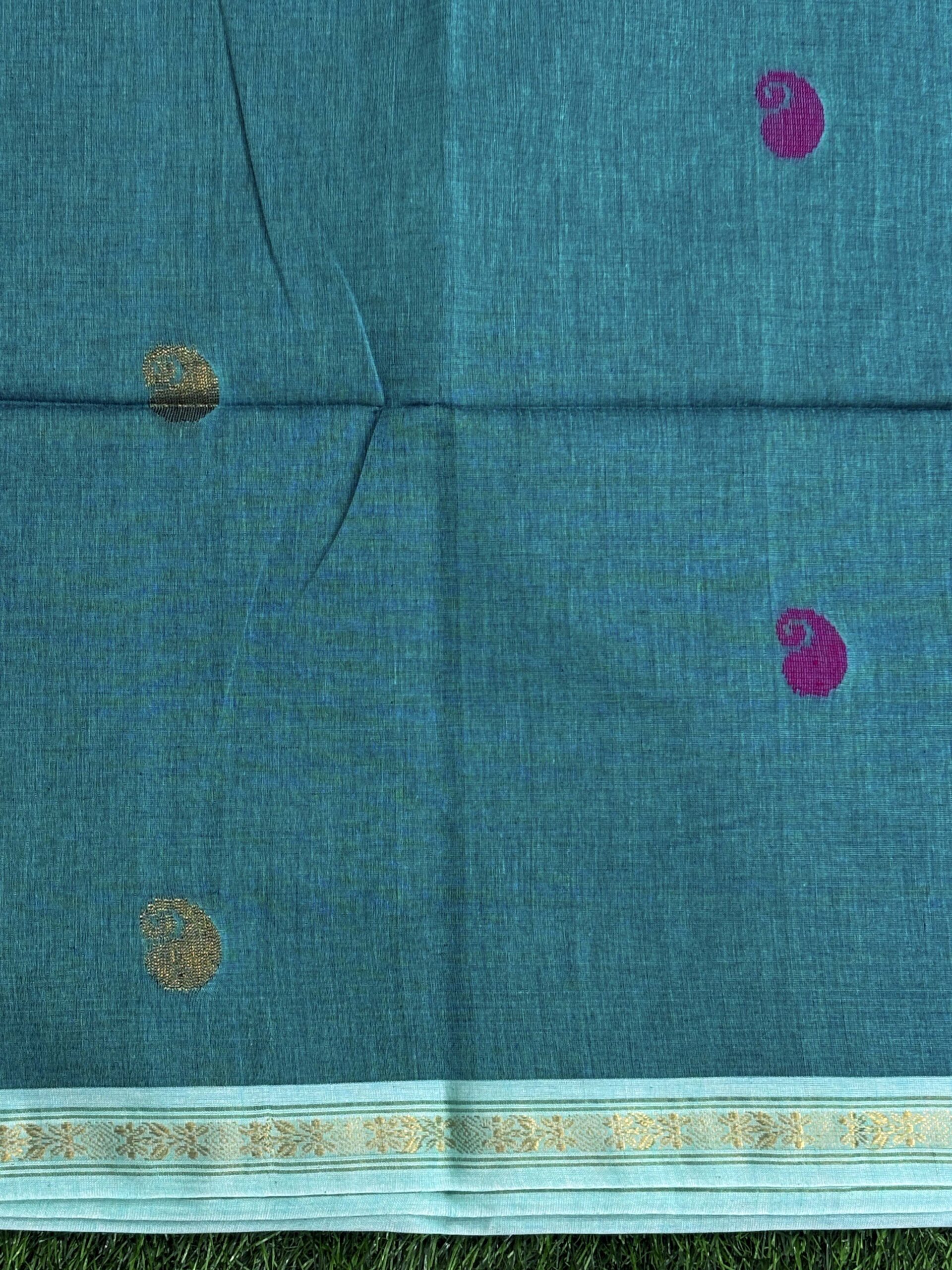 Light Ferozi Handloom Premium Khadi Cotton Jamdani Saree - Image 6