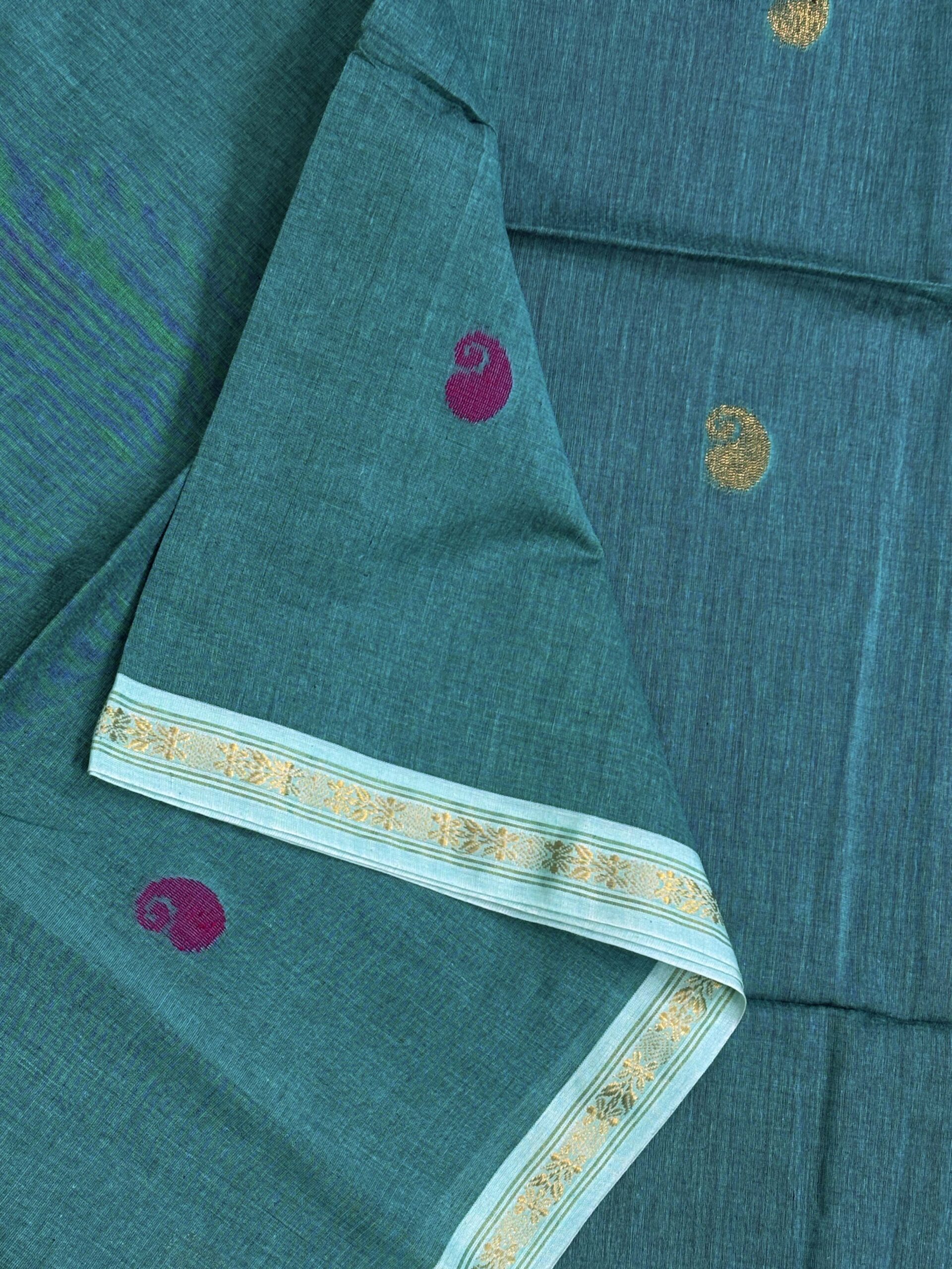 Light Ferozi Handloom Premium Khadi Cotton Jamdani Saree - Image 5