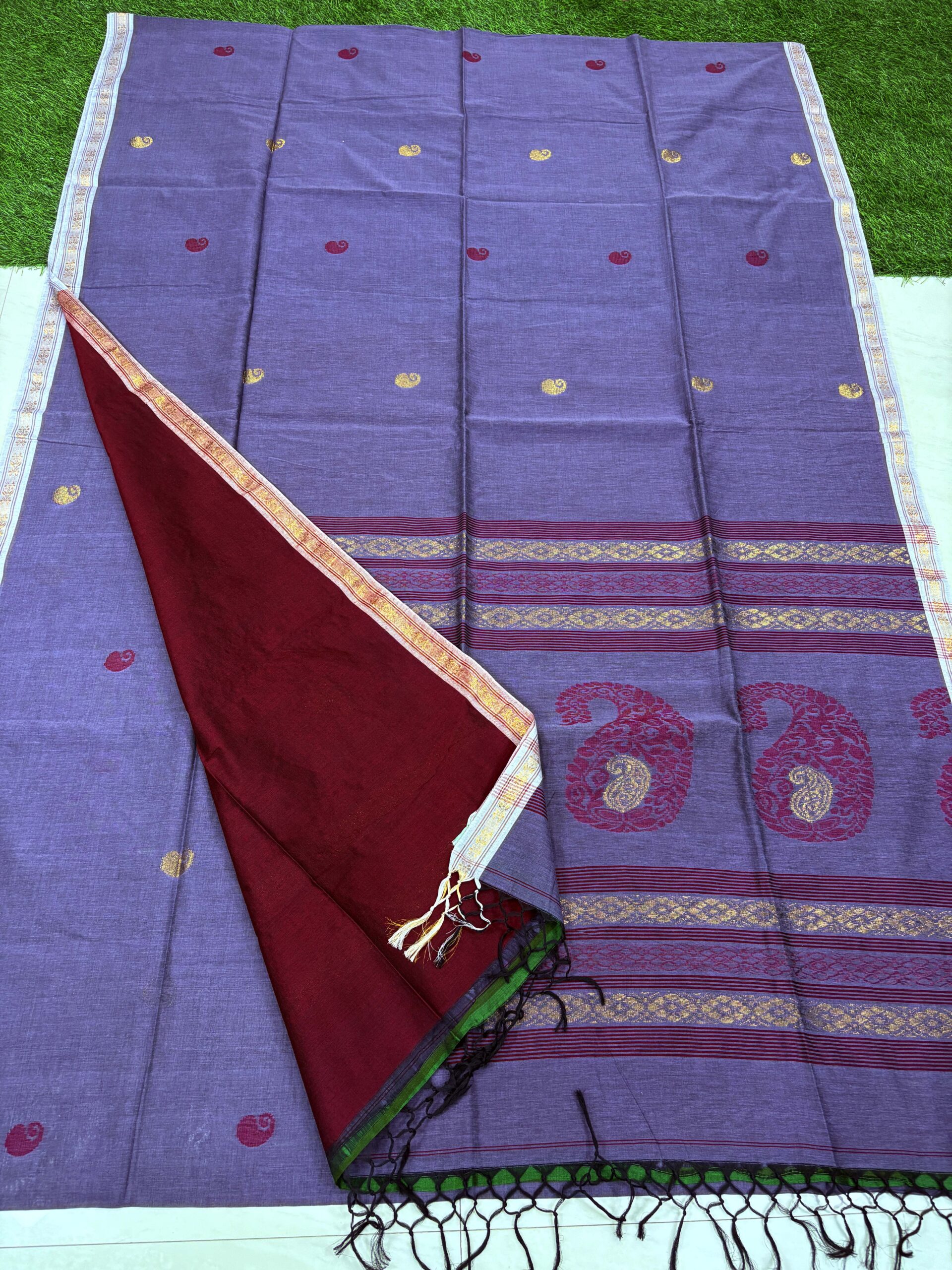 Blue-Purple Handloom Premium Khadi Cotton Jamdani Saree - Image 5