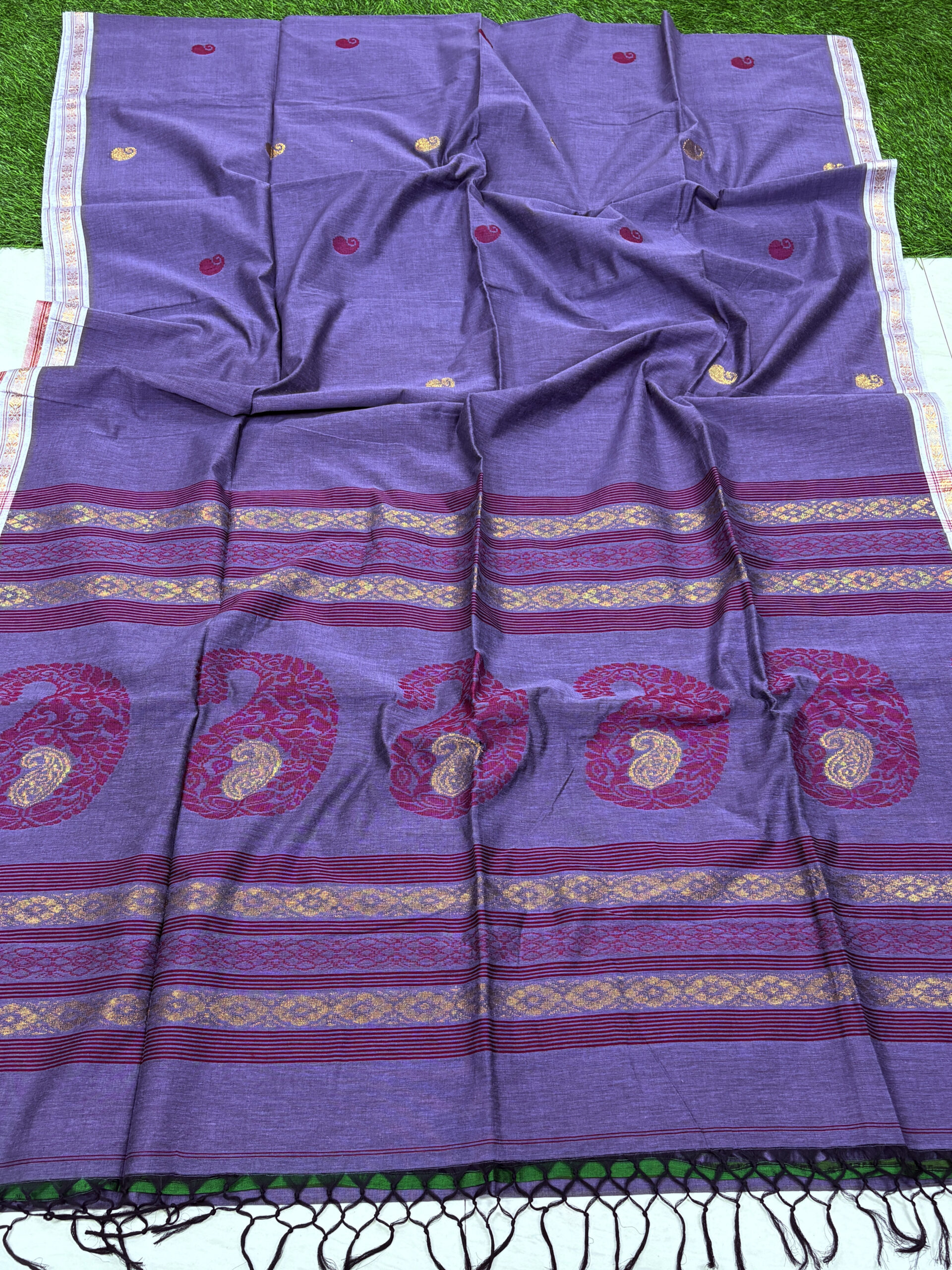 Blue-Purple Handloom Premium Khadi Cotton Jamdani Saree - Image 4