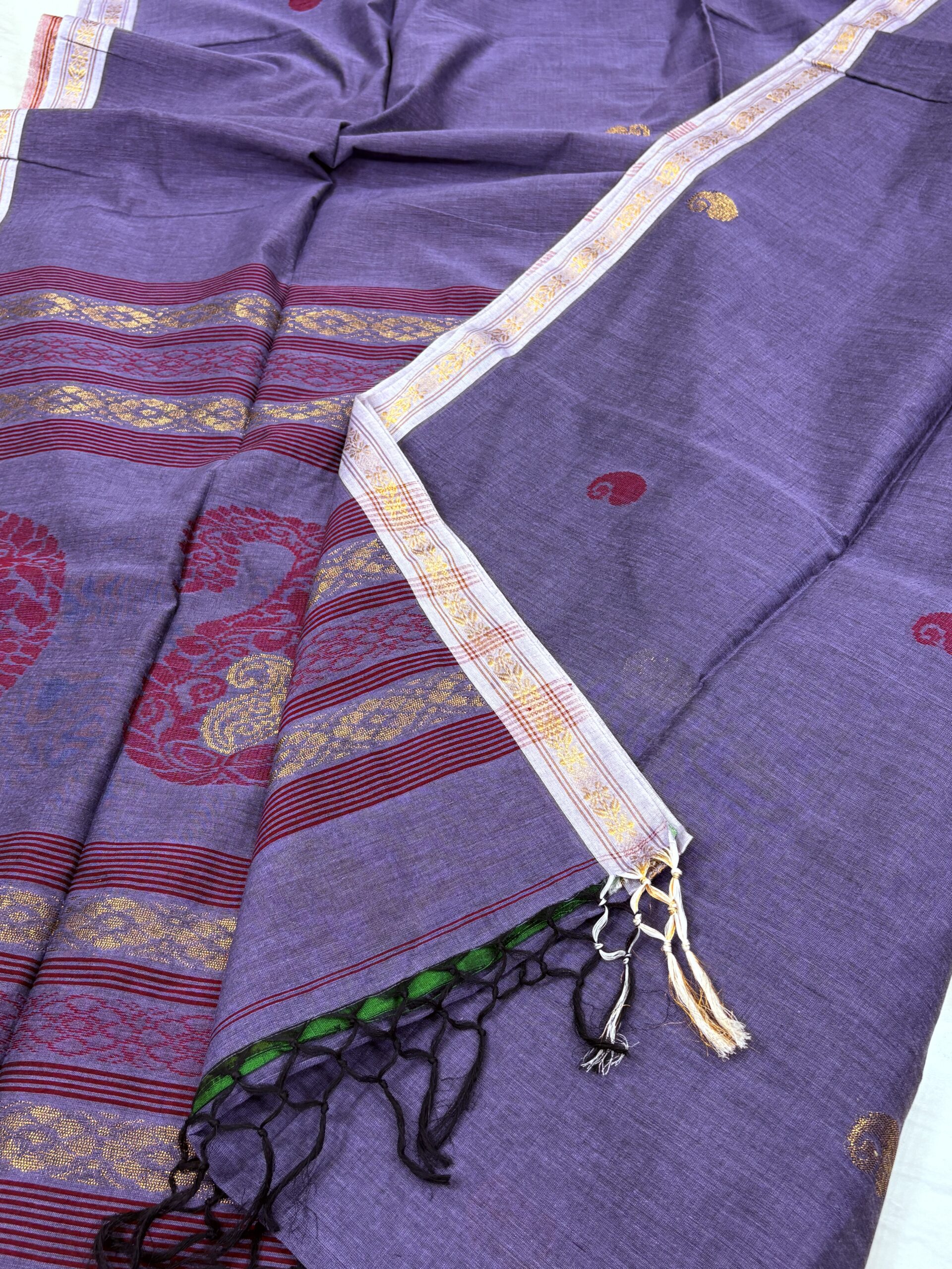Blue-Purple Handloom Premium Khadi Cotton Jamdani Saree - Image 3