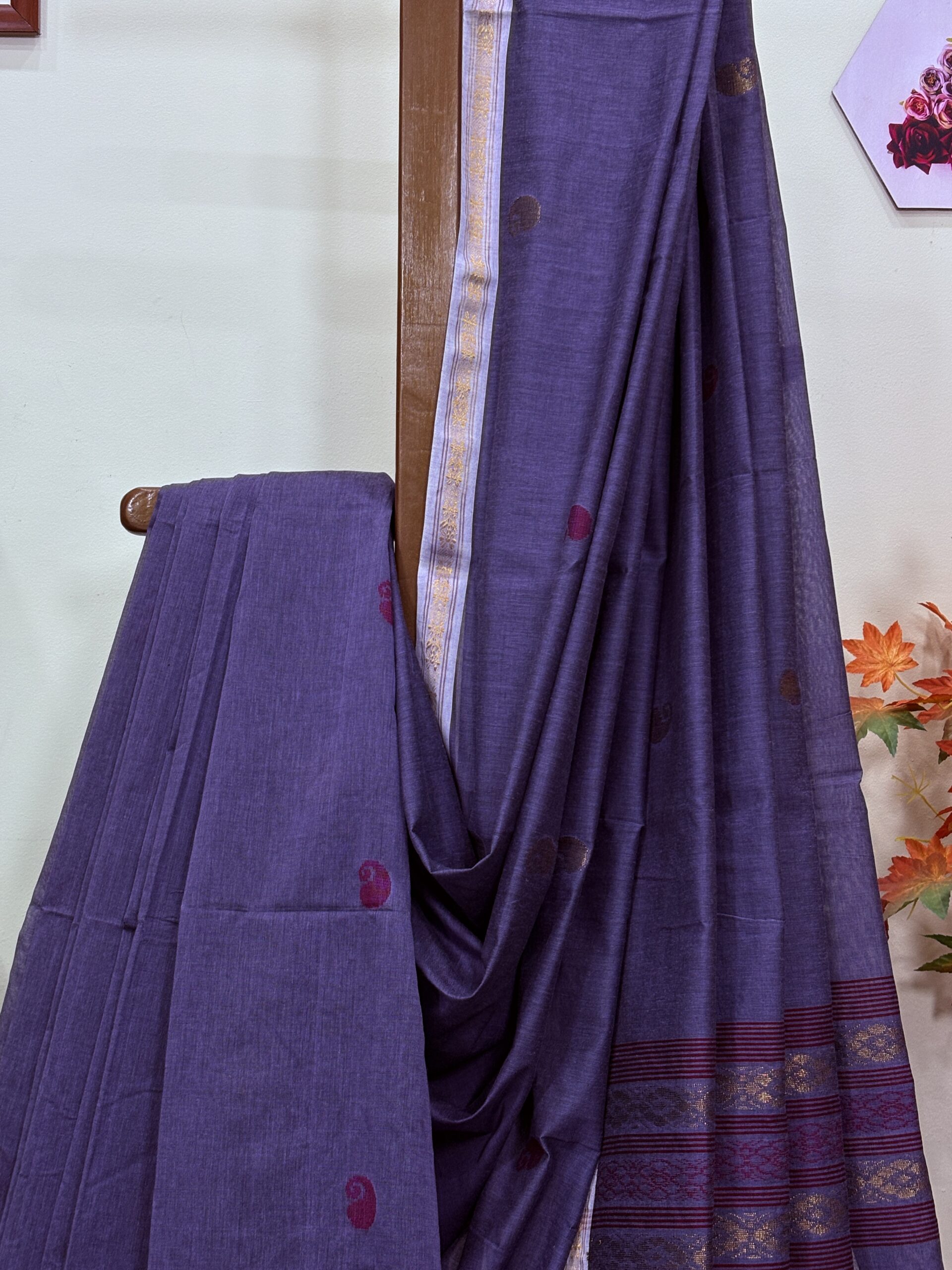Blue-Purple Handloom Premium Khadi Cotton Jamdani Saree - Image 6