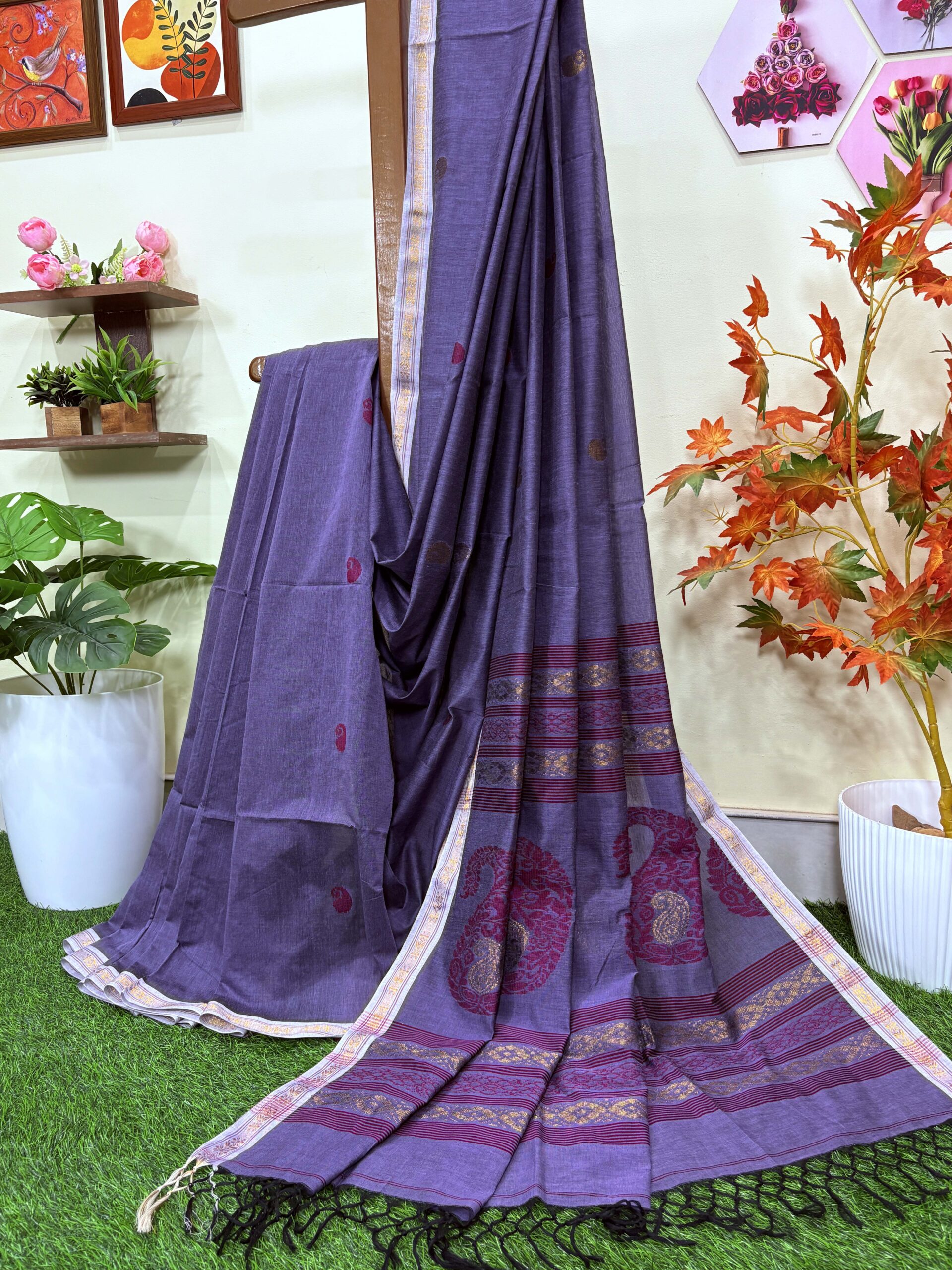 Blue-Purple Handloom Premium Khadi Cotton Jamdani Saree - Image 7