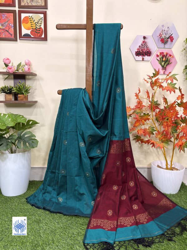 Dark Firozi Handloom Premium Soft Cotton Silk Party Wear Jamdani Saree with Blouse Piece