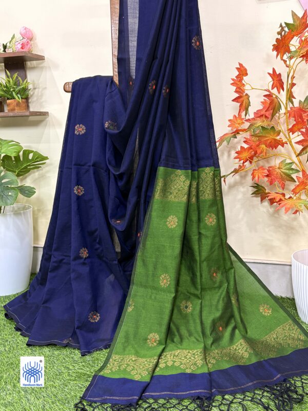 Dark Blue Handloom Premium Soft Cotton Silk Party Wear Jamdani Saree with Blouse Piece