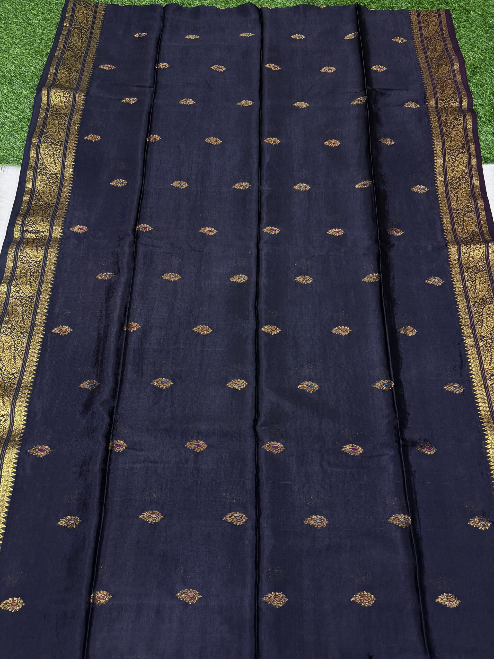 Black Paisley Katan Silk Jamdani Saree with Blouse Piece - Image 3