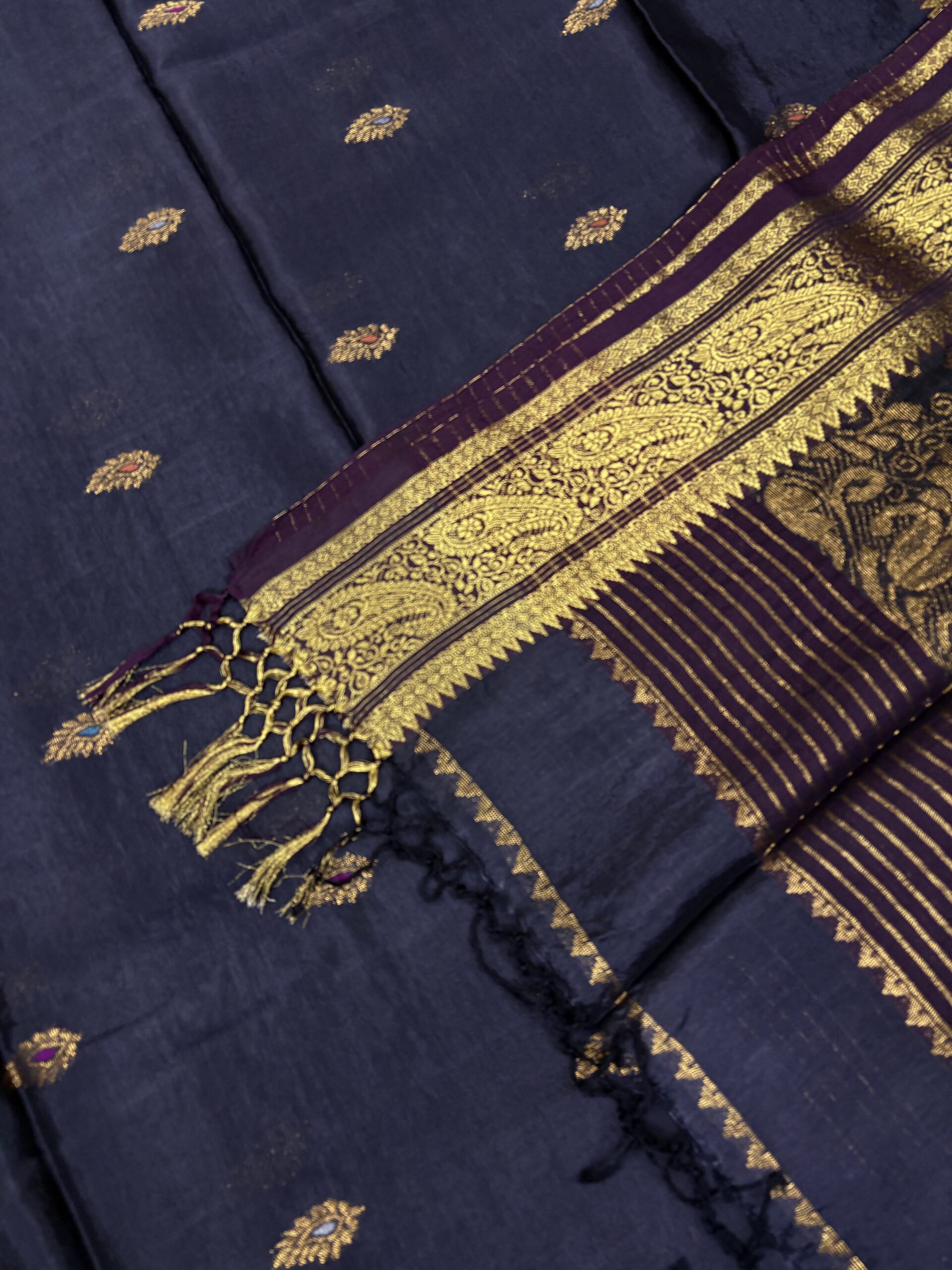 Black Paisley Katan Silk Jamdani Saree with Blouse Piece - Image 2