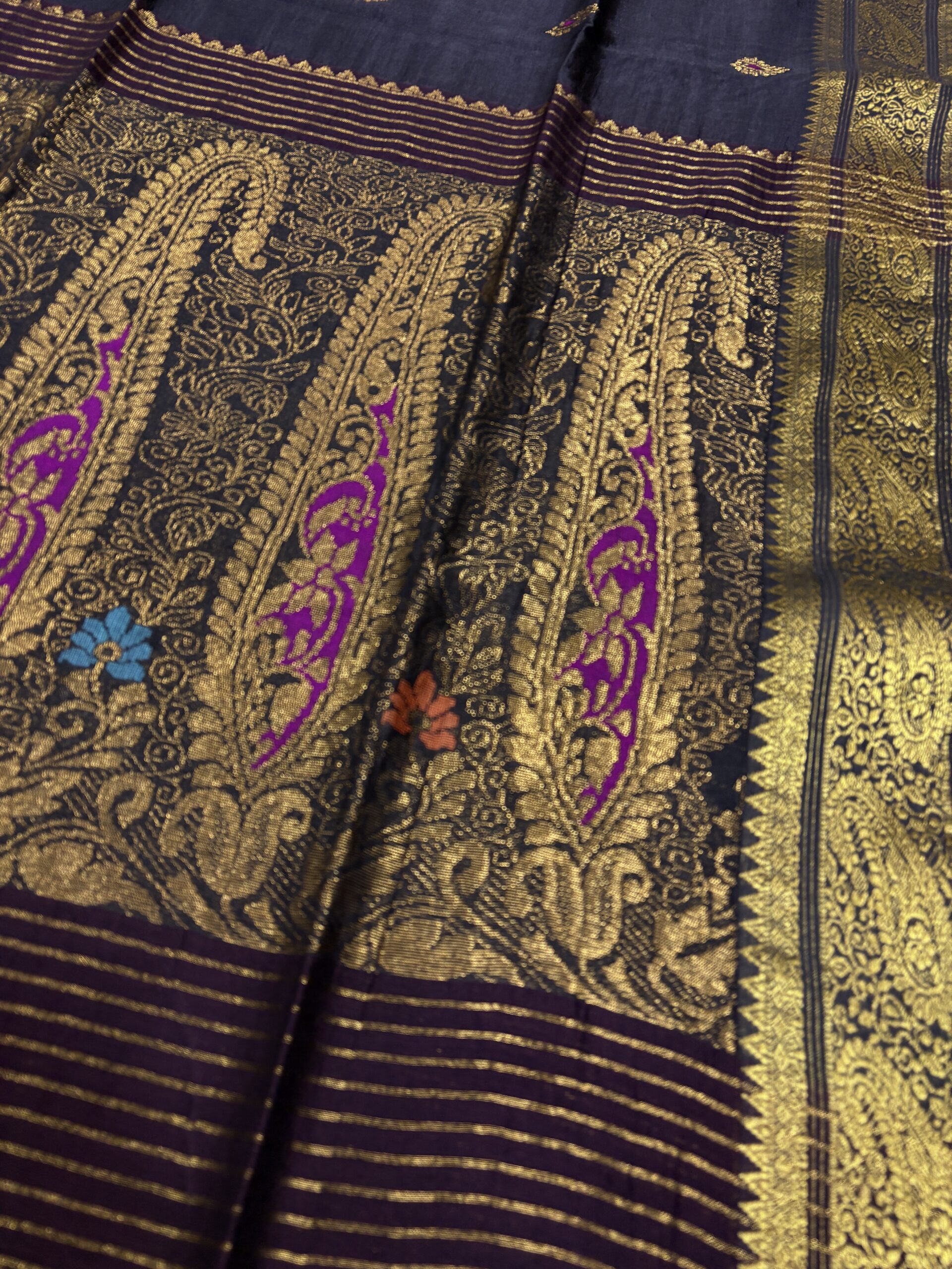 Black Paisley Katan Silk Jamdani Saree with Blouse Piece - Image 6