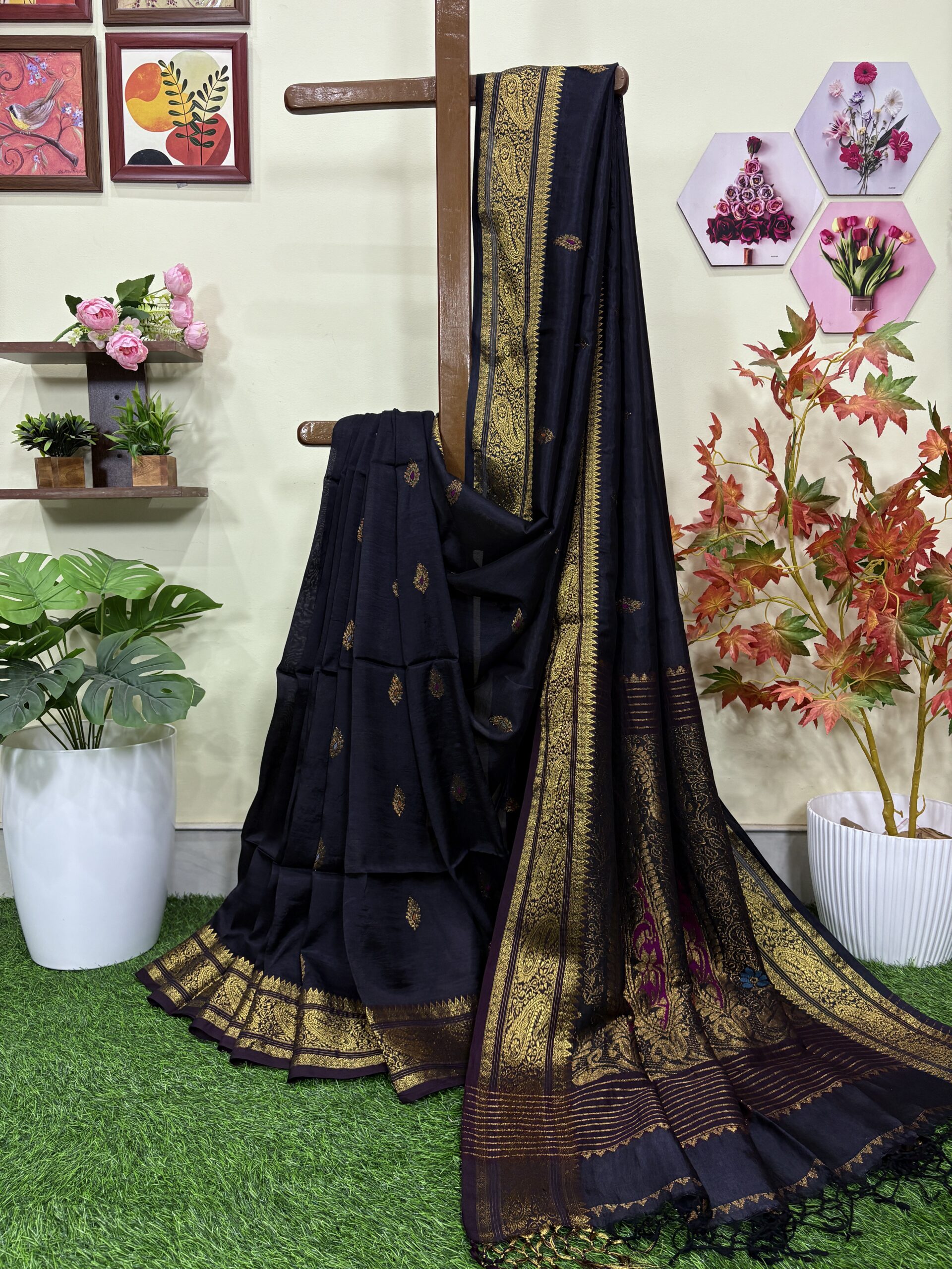 Black Paisley Katan Silk Jamdani Saree with Blouse Piece