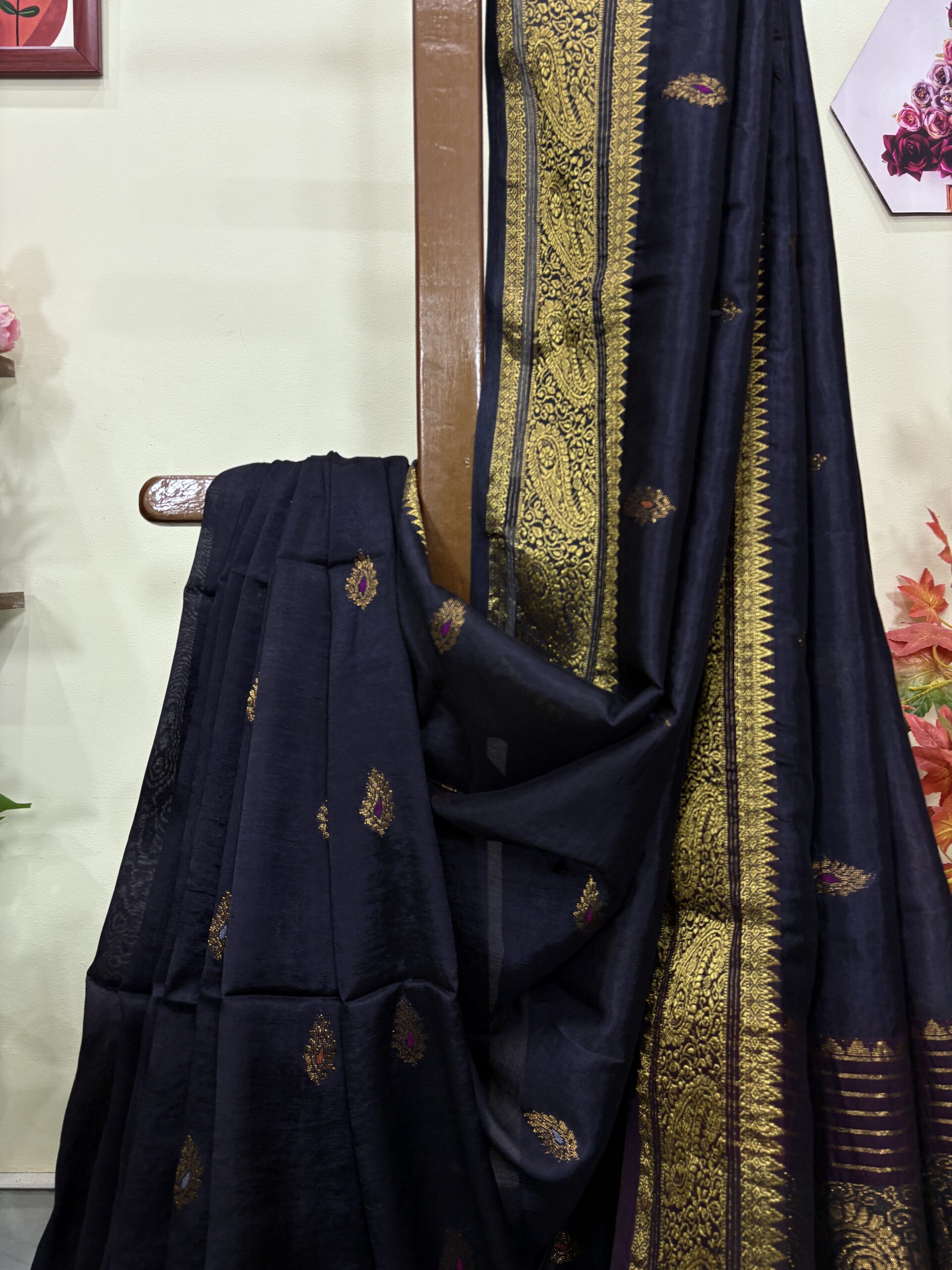 Black Paisley Katan Silk Jamdani Saree with Blouse Piece - Image 8