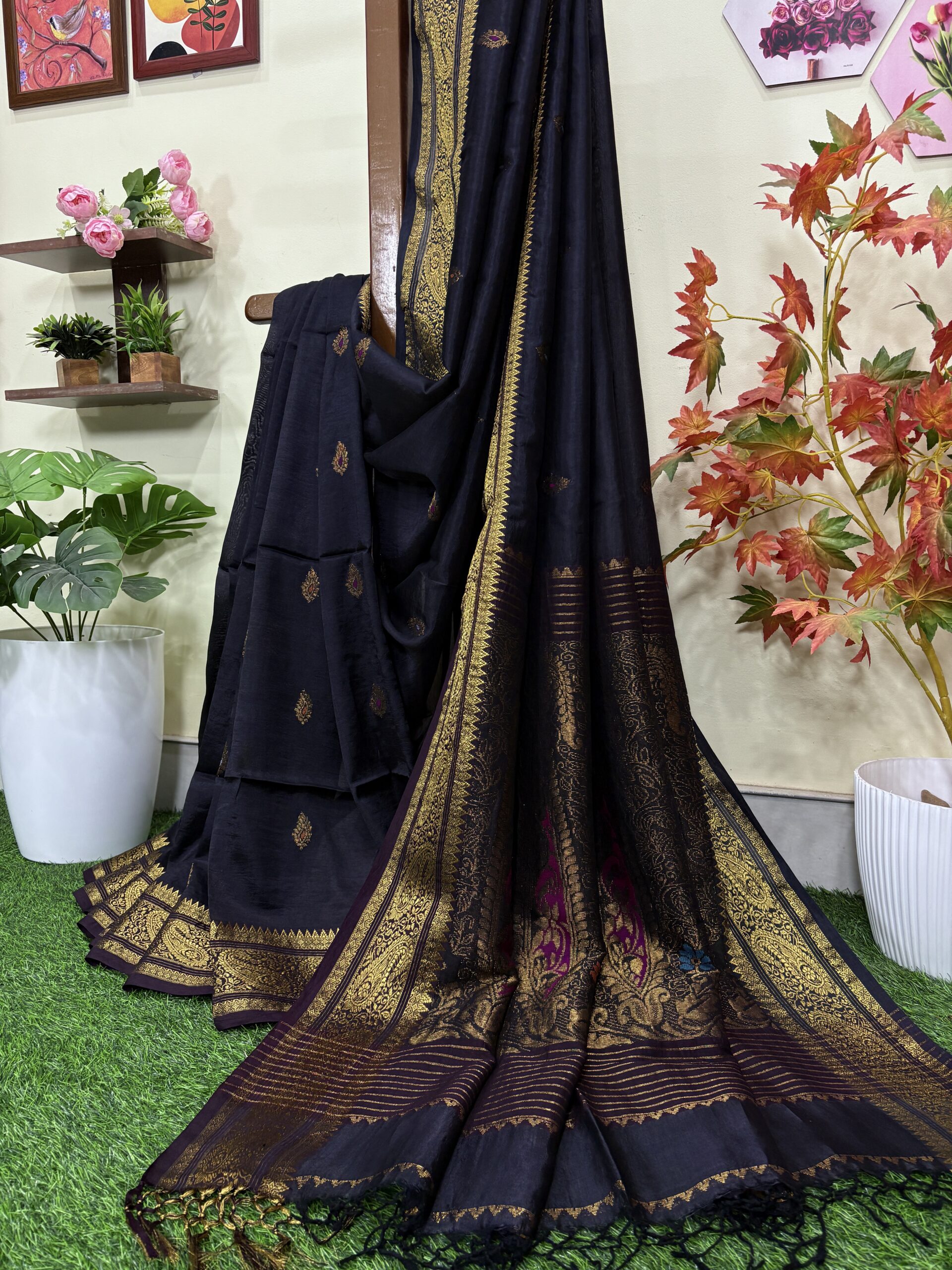 Black Paisley Katan Silk Jamdani Saree with Blouse Piece - Image 9