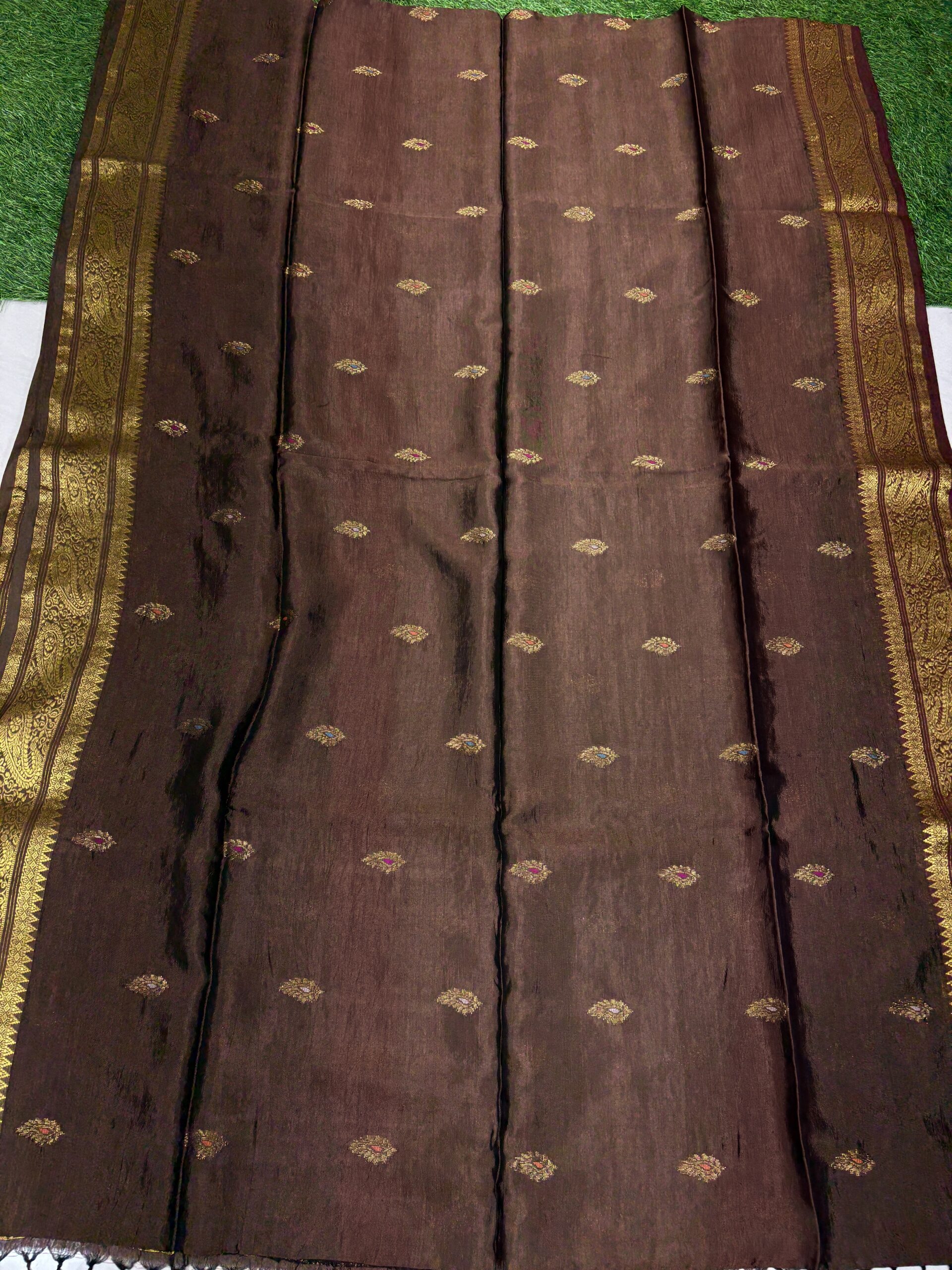 Brown Paisley Katan Silk Jamdani Saree with Blouse Piece - Image 9