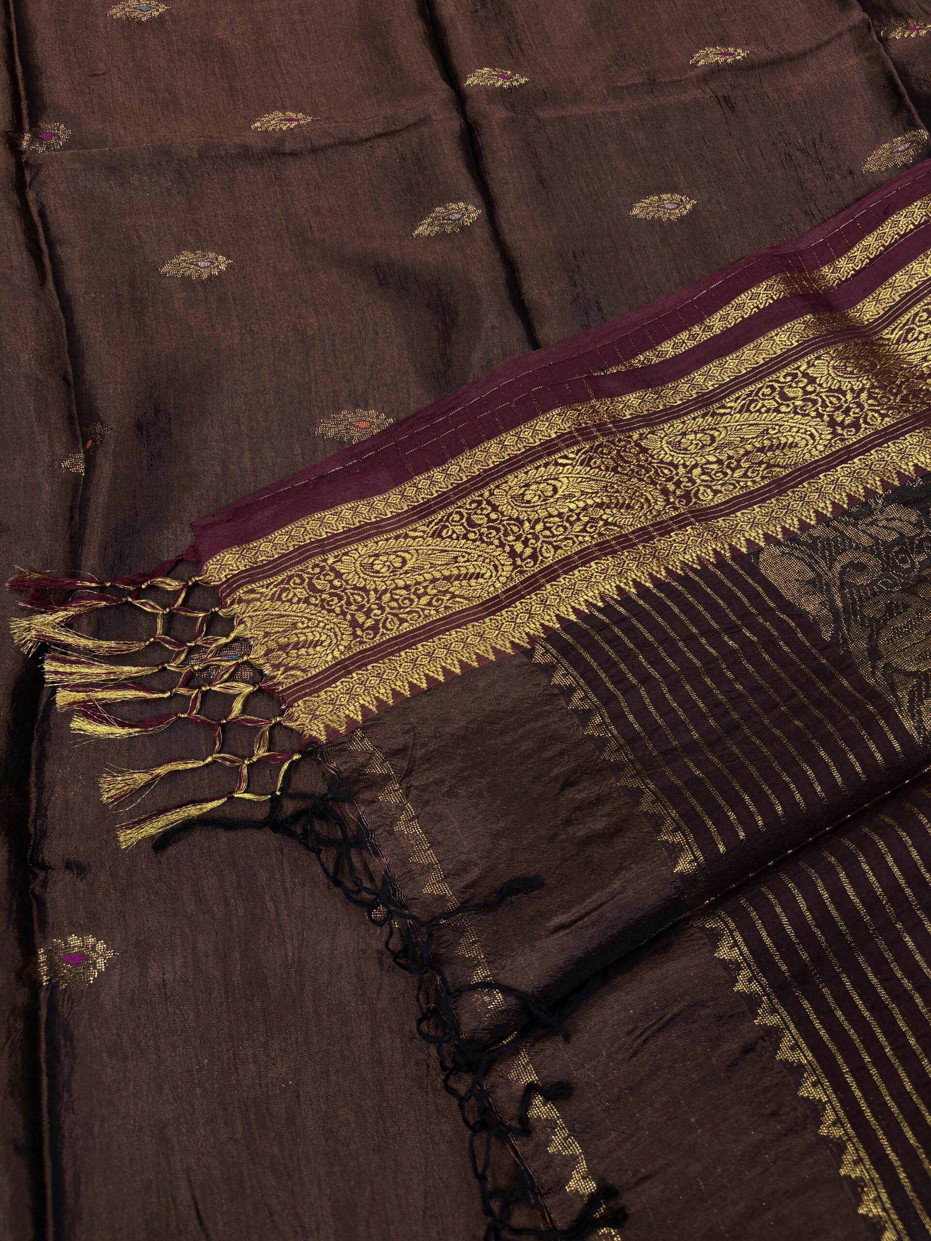 Brown Paisley Katan Silk Jamdani Saree with Blouse Piece - Image 8