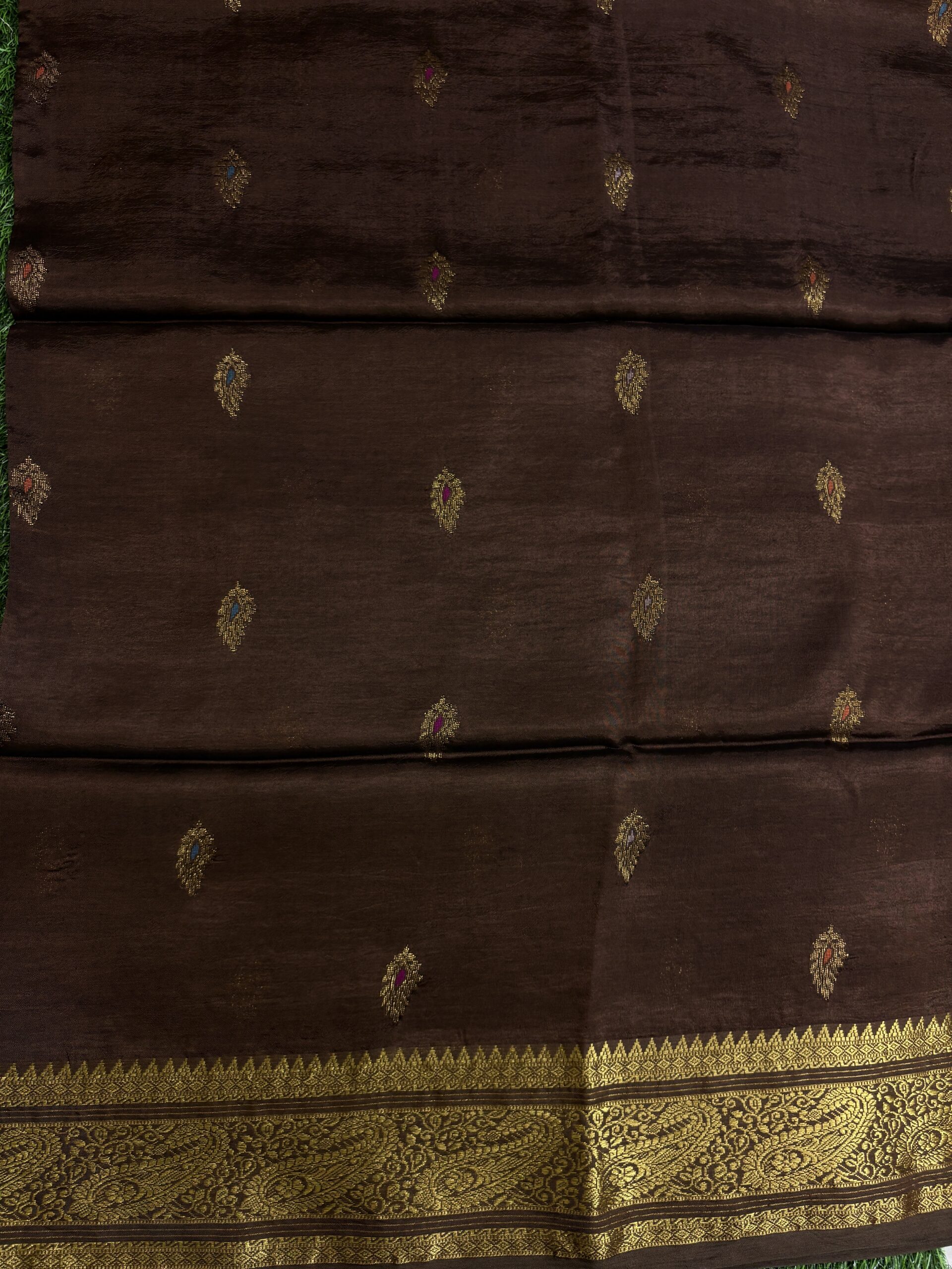 Brown Paisley Katan Silk Jamdani Saree with Blouse Piece - Image 7