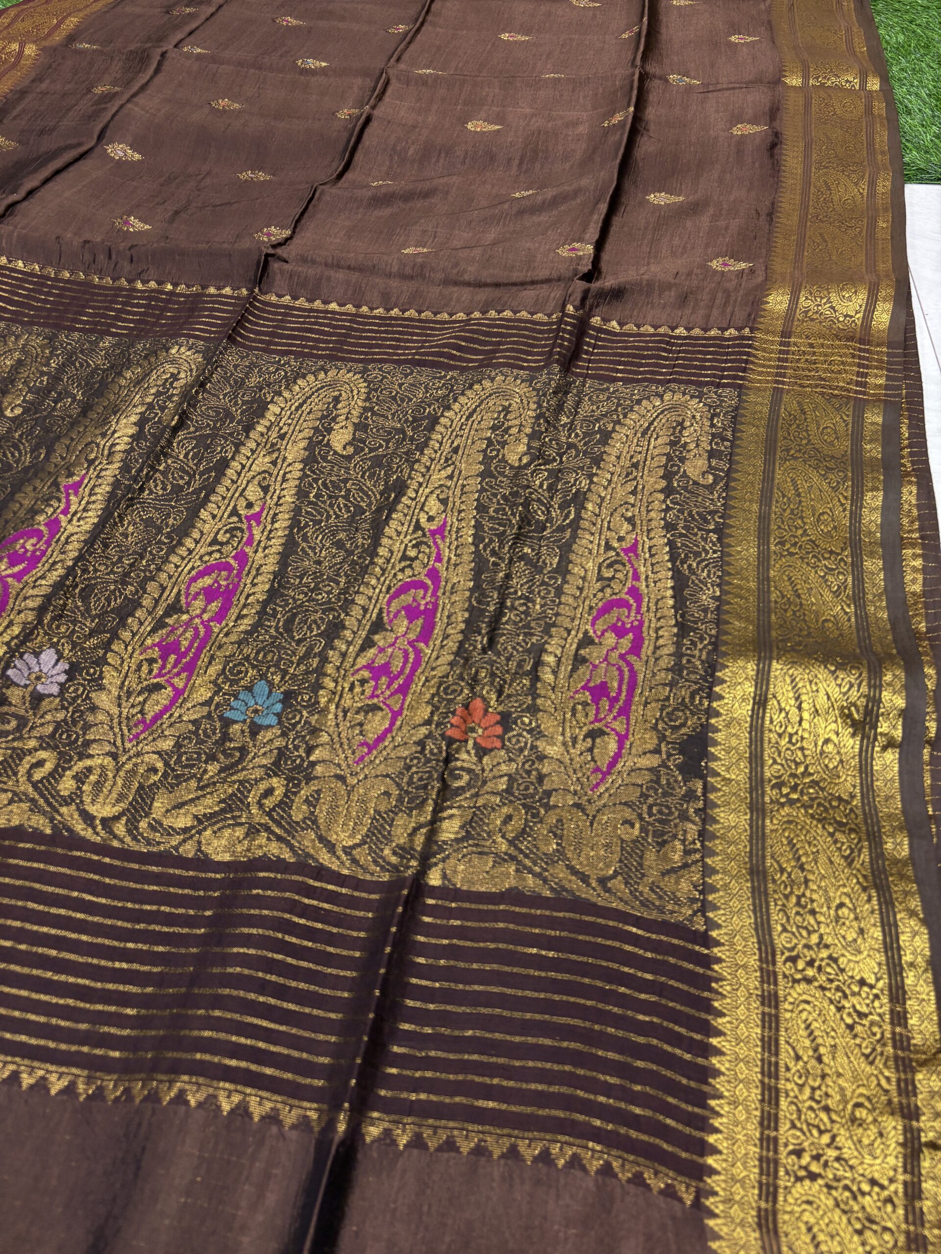 Brown Paisley Katan Silk Jamdani Saree with Blouse Piece - Image 4