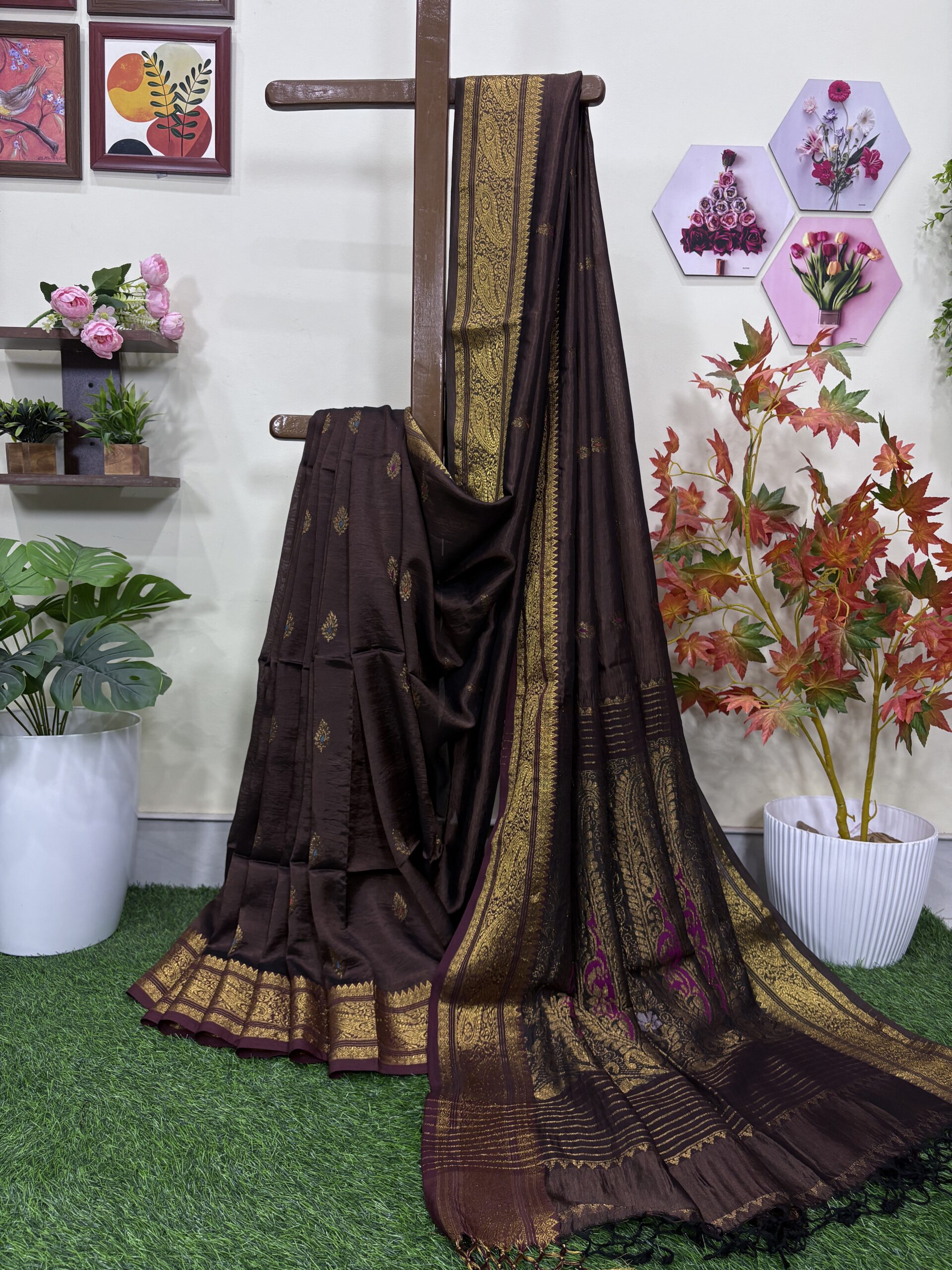 Brown Paisley Katan Silk Jamdani Saree with Blouse Piece