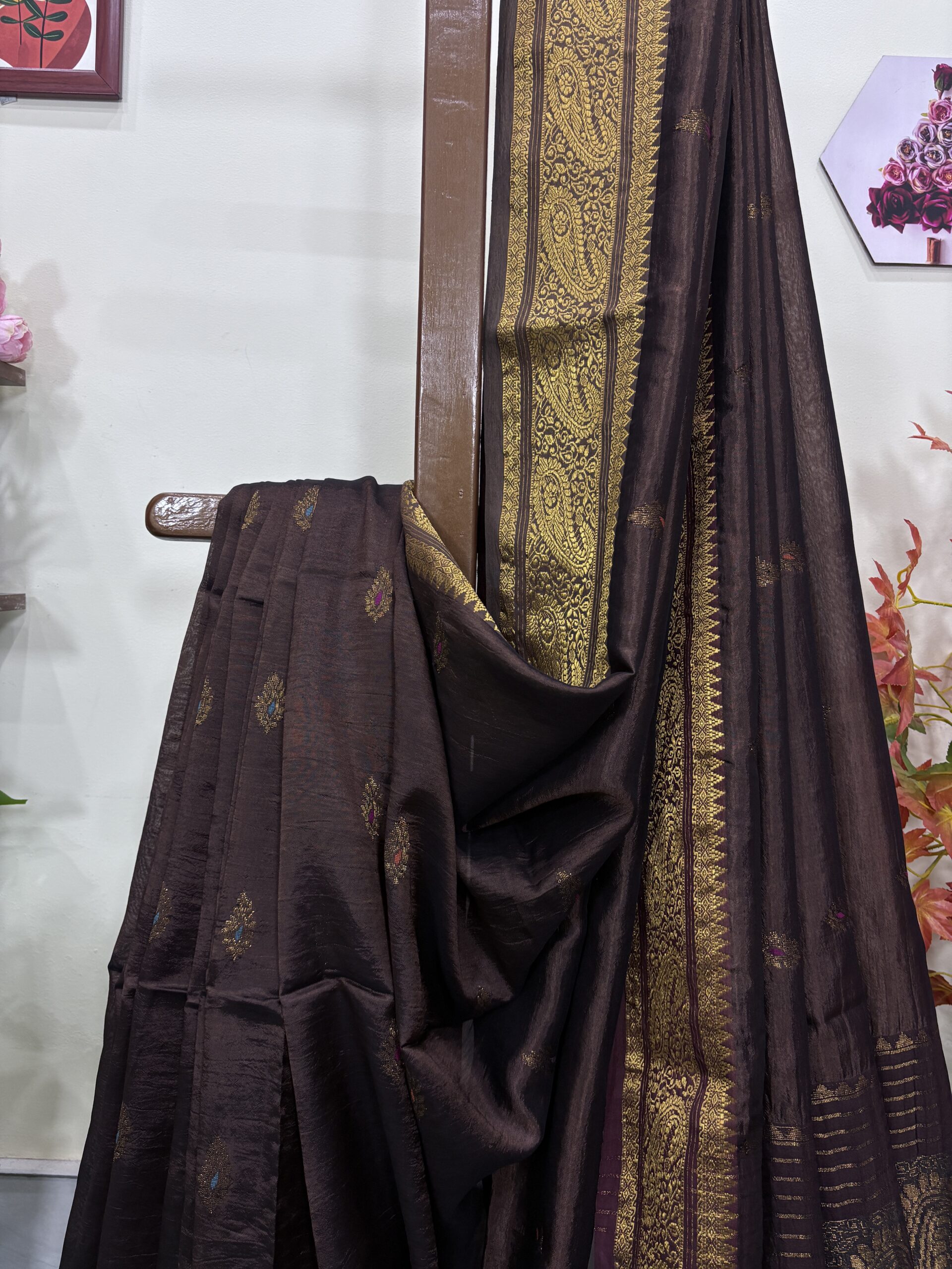 Brown Paisley Katan Silk Jamdani Saree with Blouse Piece - Image 2