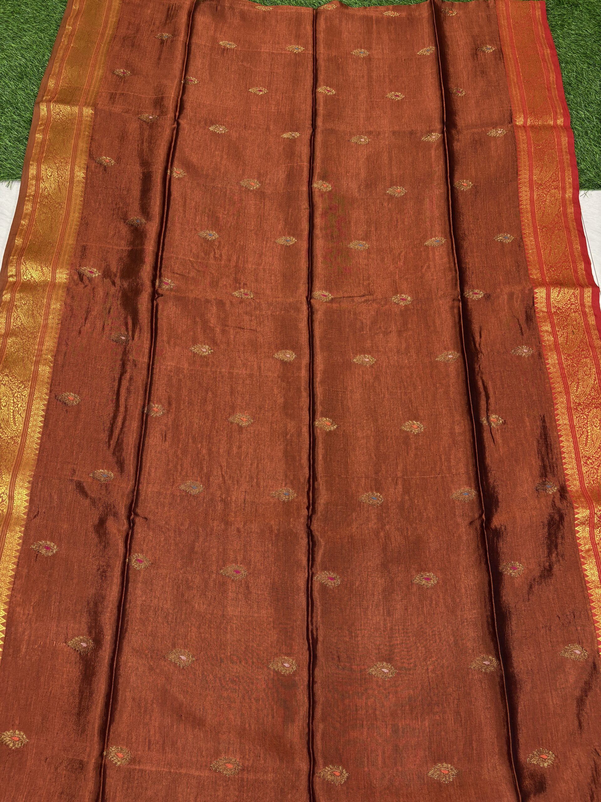 Rust Paisley Katan Silk Jamdani Saree with Blouse Piece - Image 9
