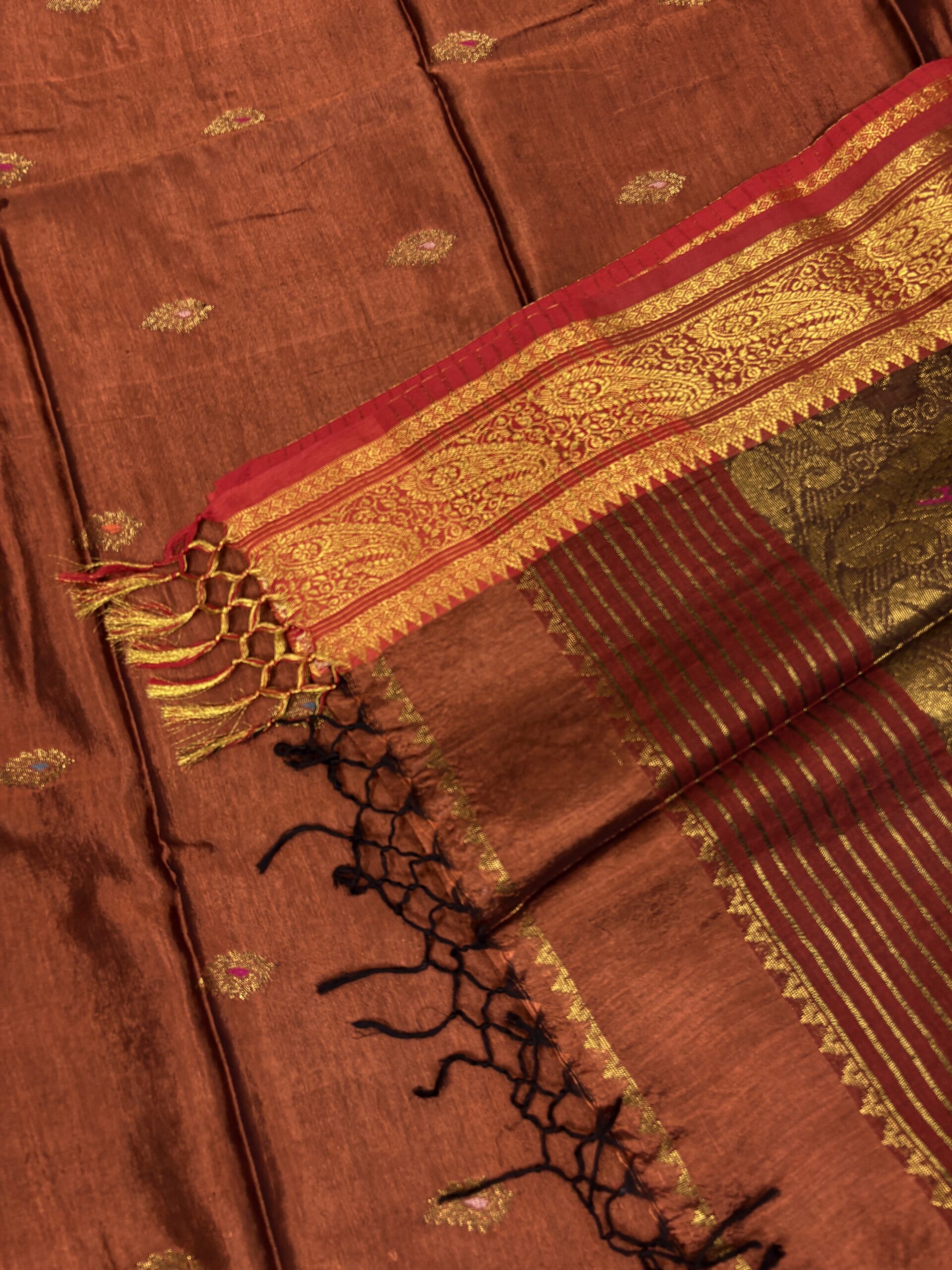 Rust Paisley Katan Silk Jamdani Saree with Blouse Piece - Image 8