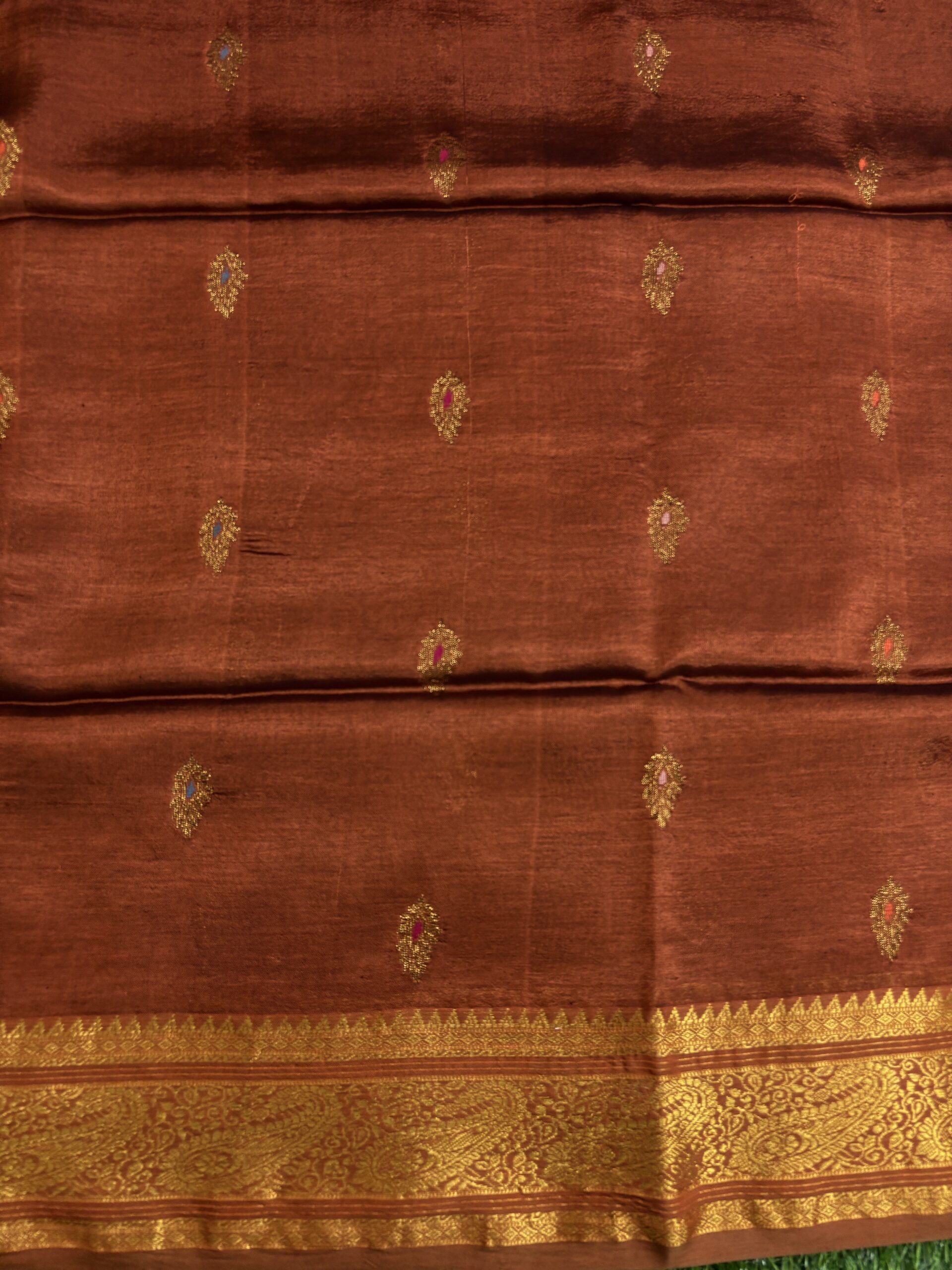 Rust Paisley Katan Silk Jamdani Saree with Blouse Piece - Image 7