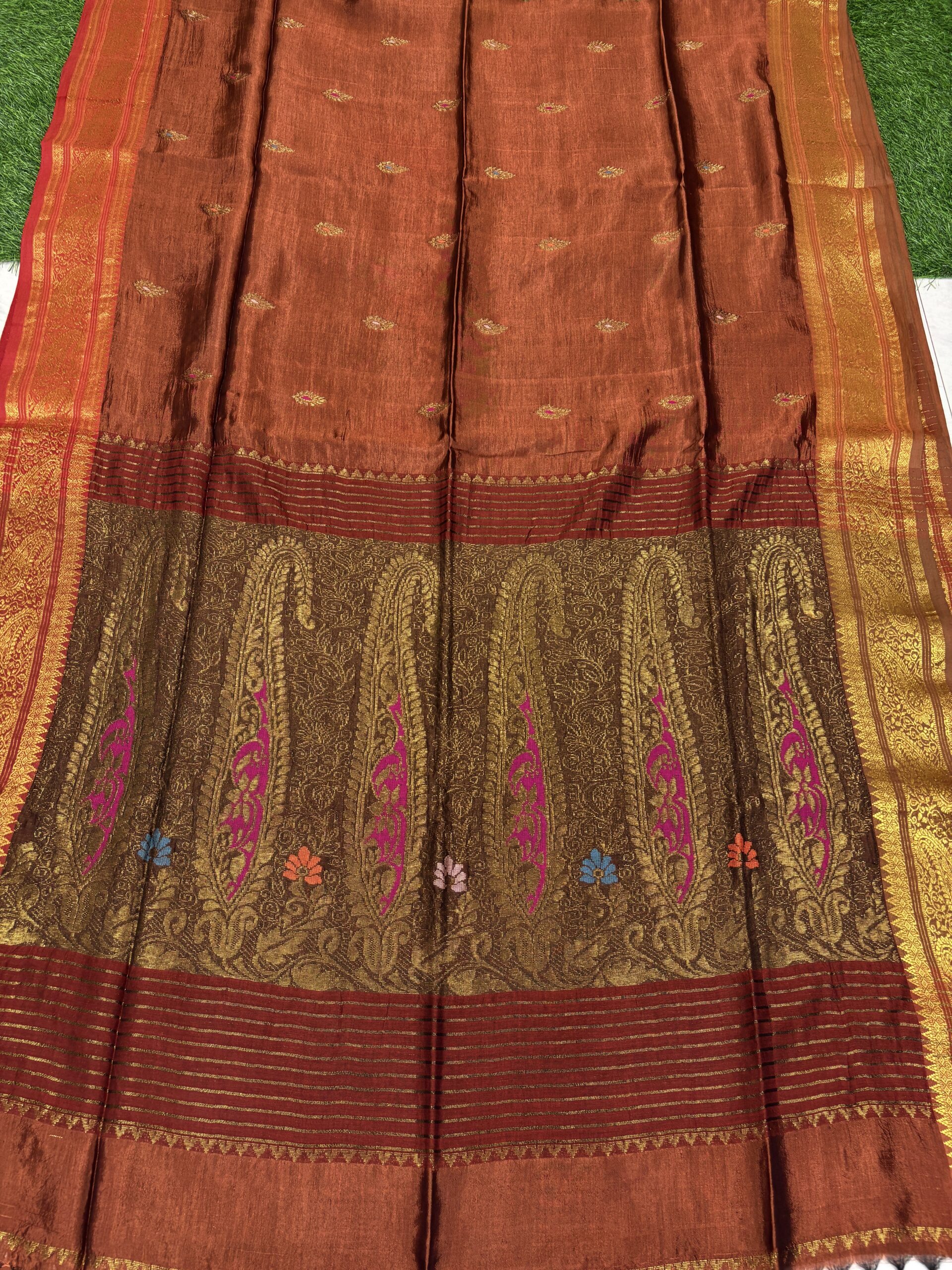 Rust Paisley Katan Silk Jamdani Saree with Blouse Piece - Image 5
