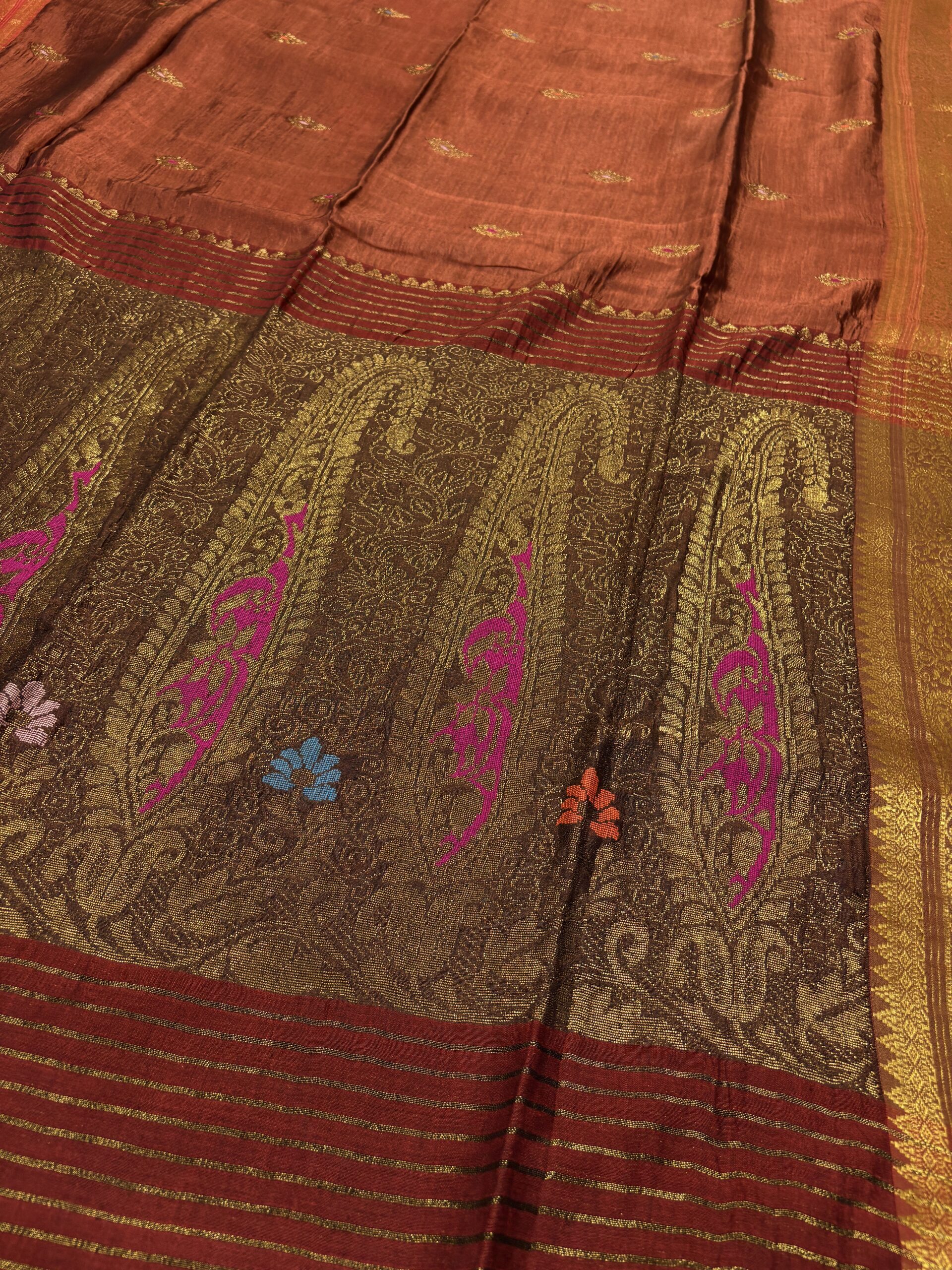 Rust Paisley Katan Silk Jamdani Saree with Blouse Piece - Image 4