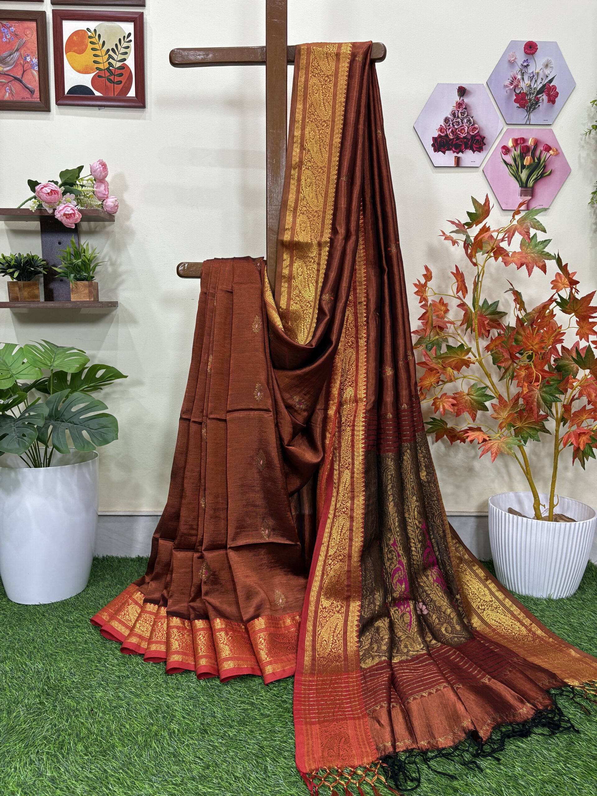 Rust Paisley Katan Silk Jamdani Saree with Blouse Piece