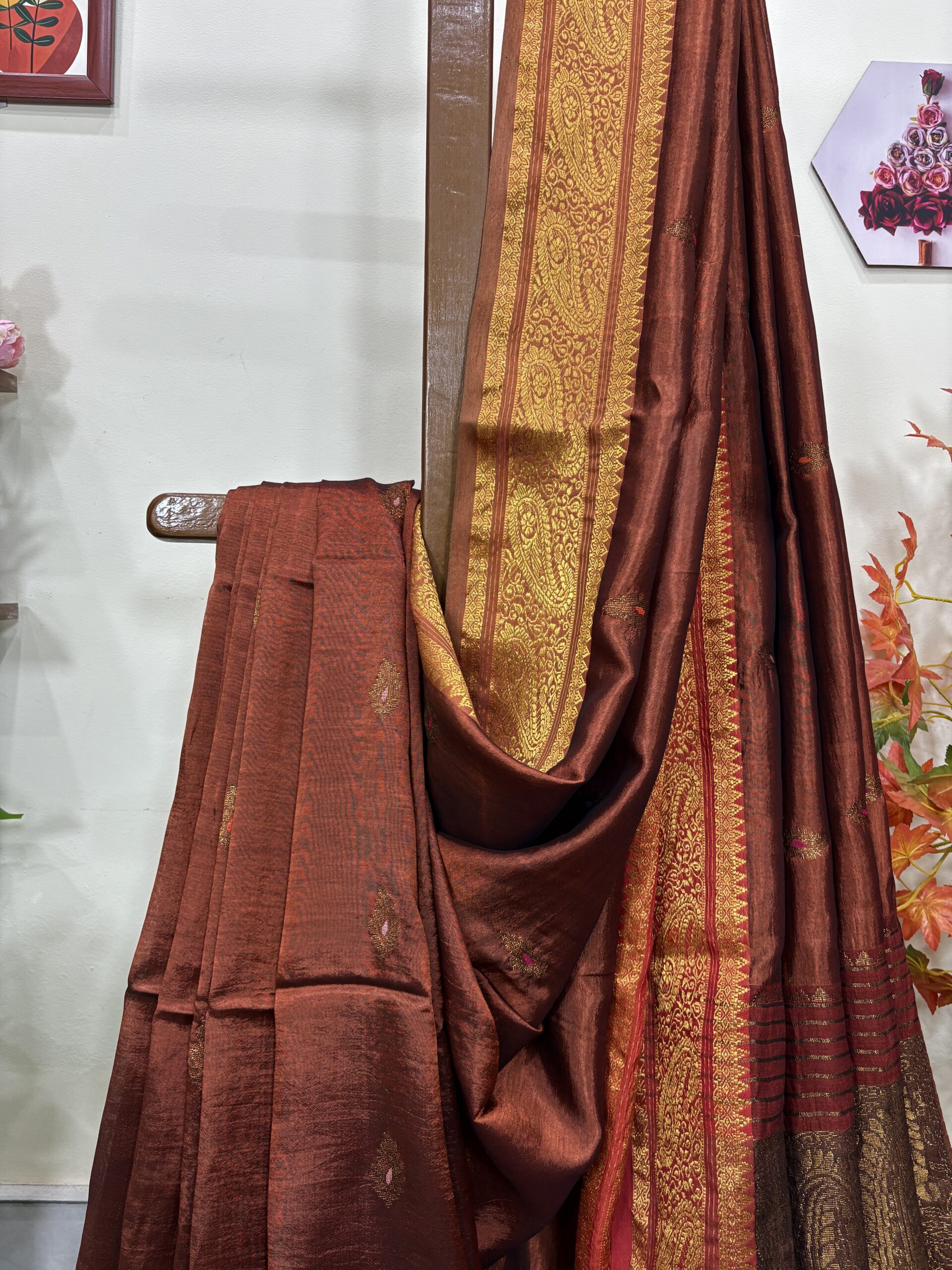 Rust Paisley Katan Silk Jamdani Saree with Blouse Piece - Image 3