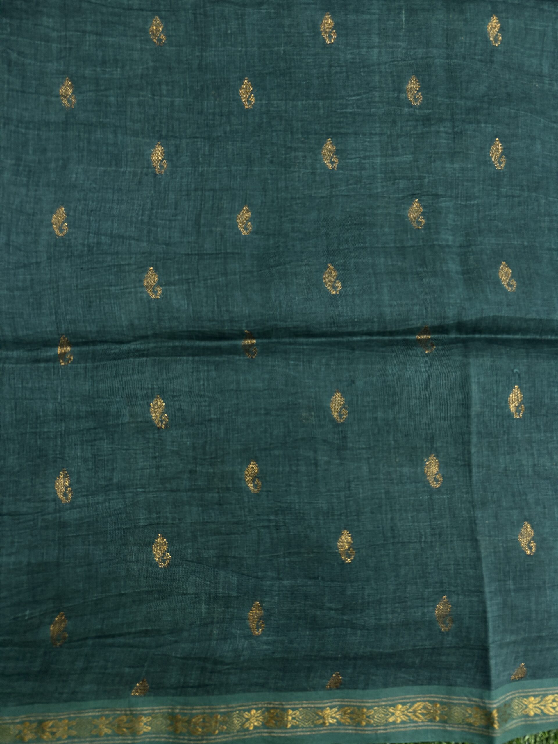 Rama Green Paisly Buta Organic Linen Jamdani Saree - Image 2