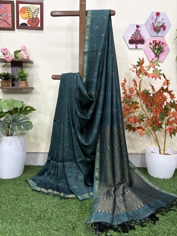 Rama Green Paisly Buta Organic Linen Jamdani Saree