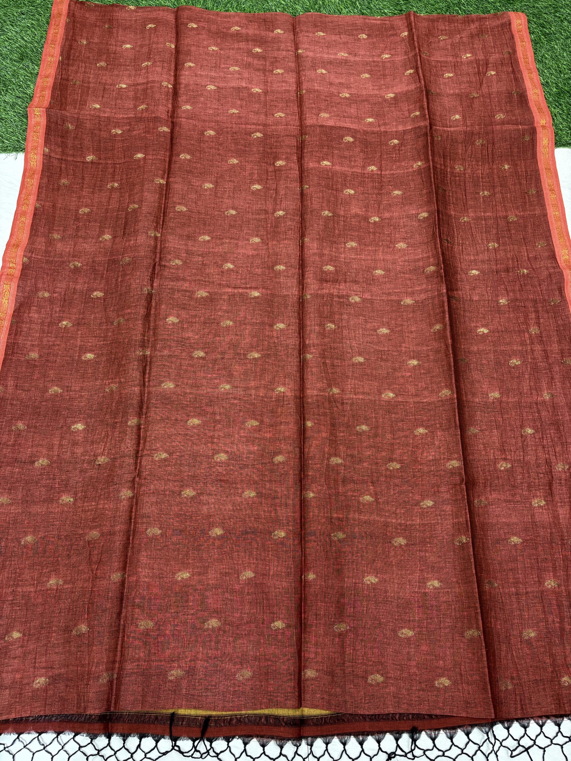 Rust Paisly Buta Organic Linen Jamdani Saree - Image 2