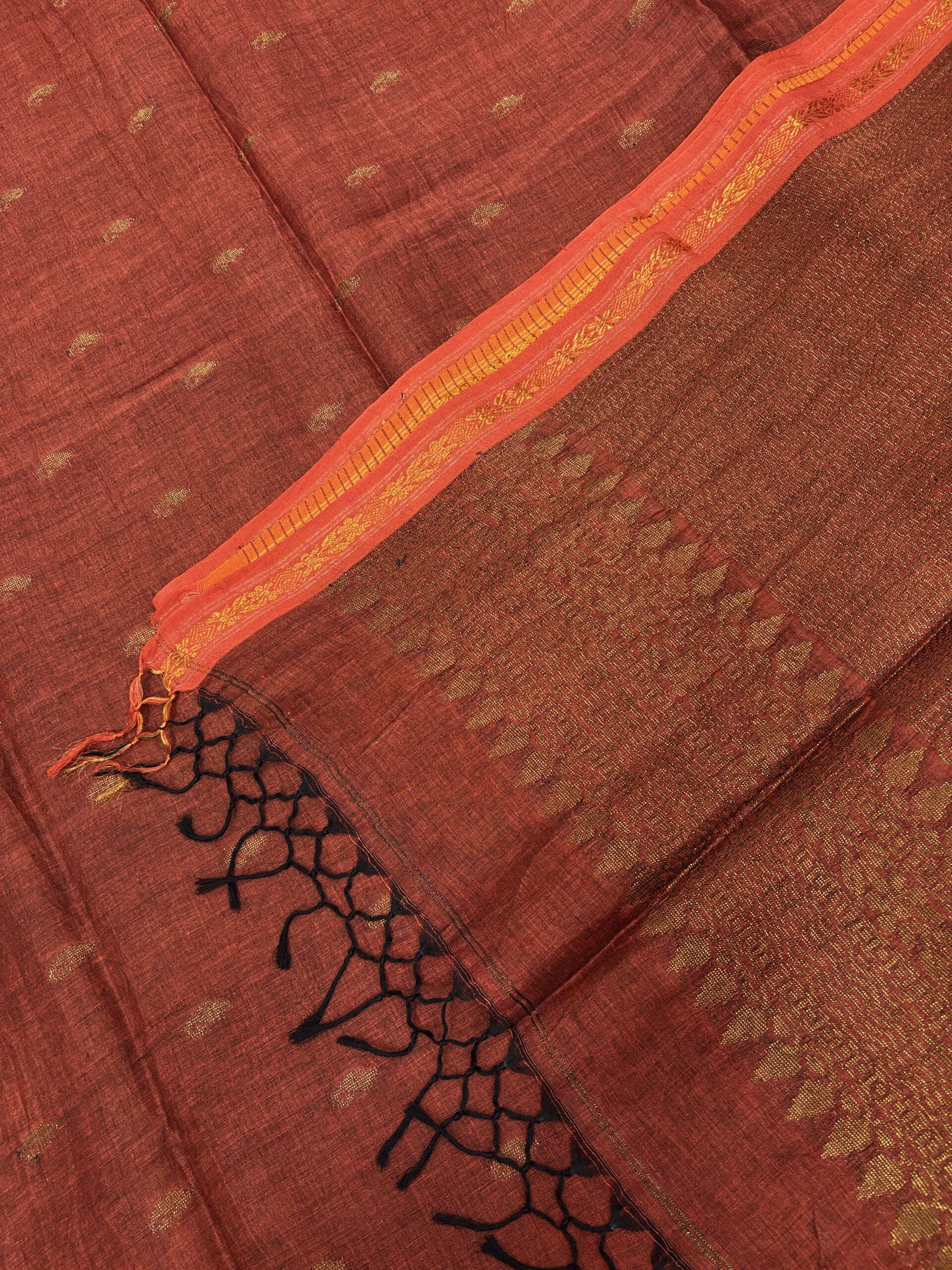 Rust Paisly Buta Organic Linen Jamdani Saree - Image 3