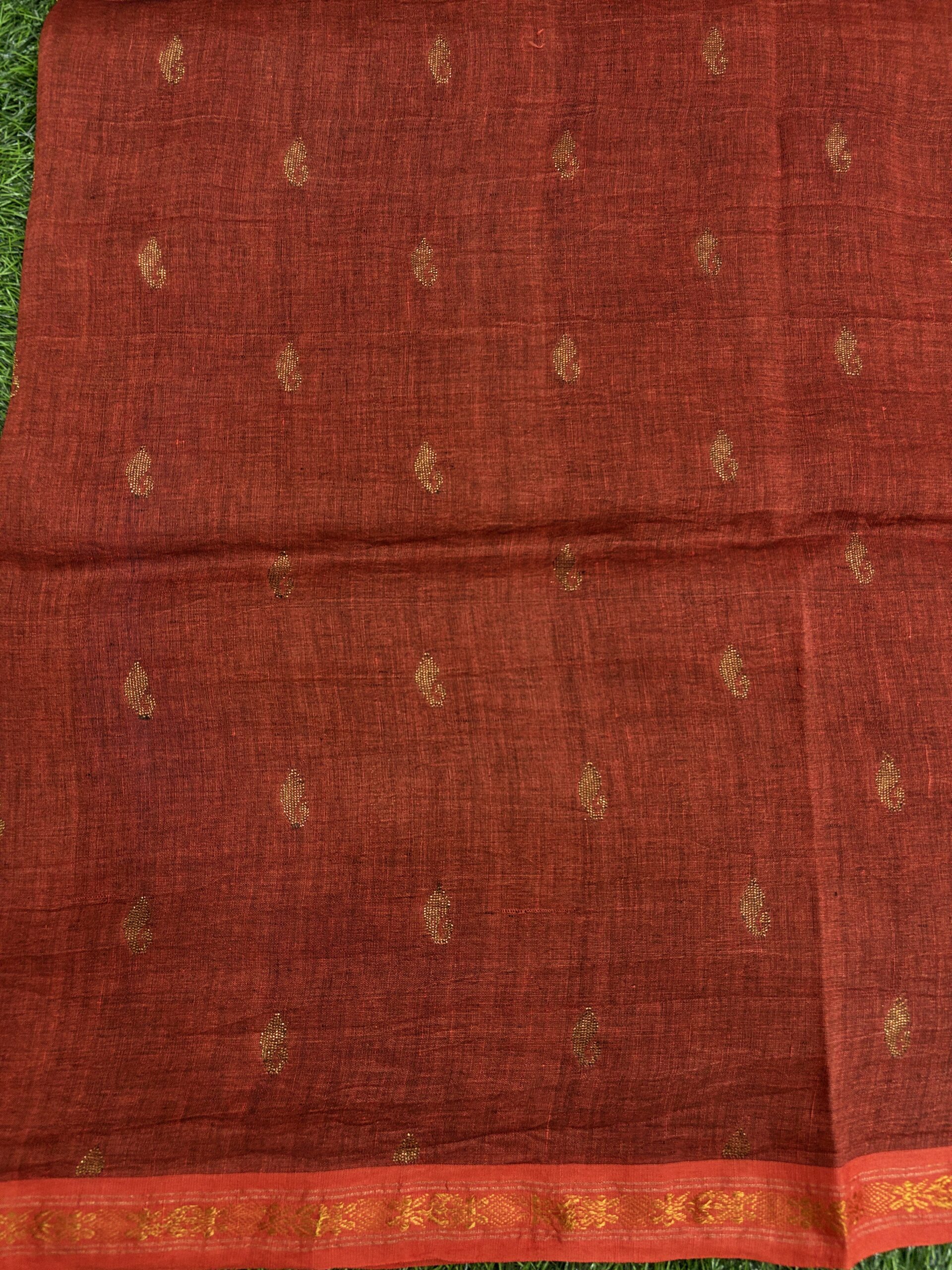 Rust Paisly Buta Organic Linen Jamdani Saree - Image 4