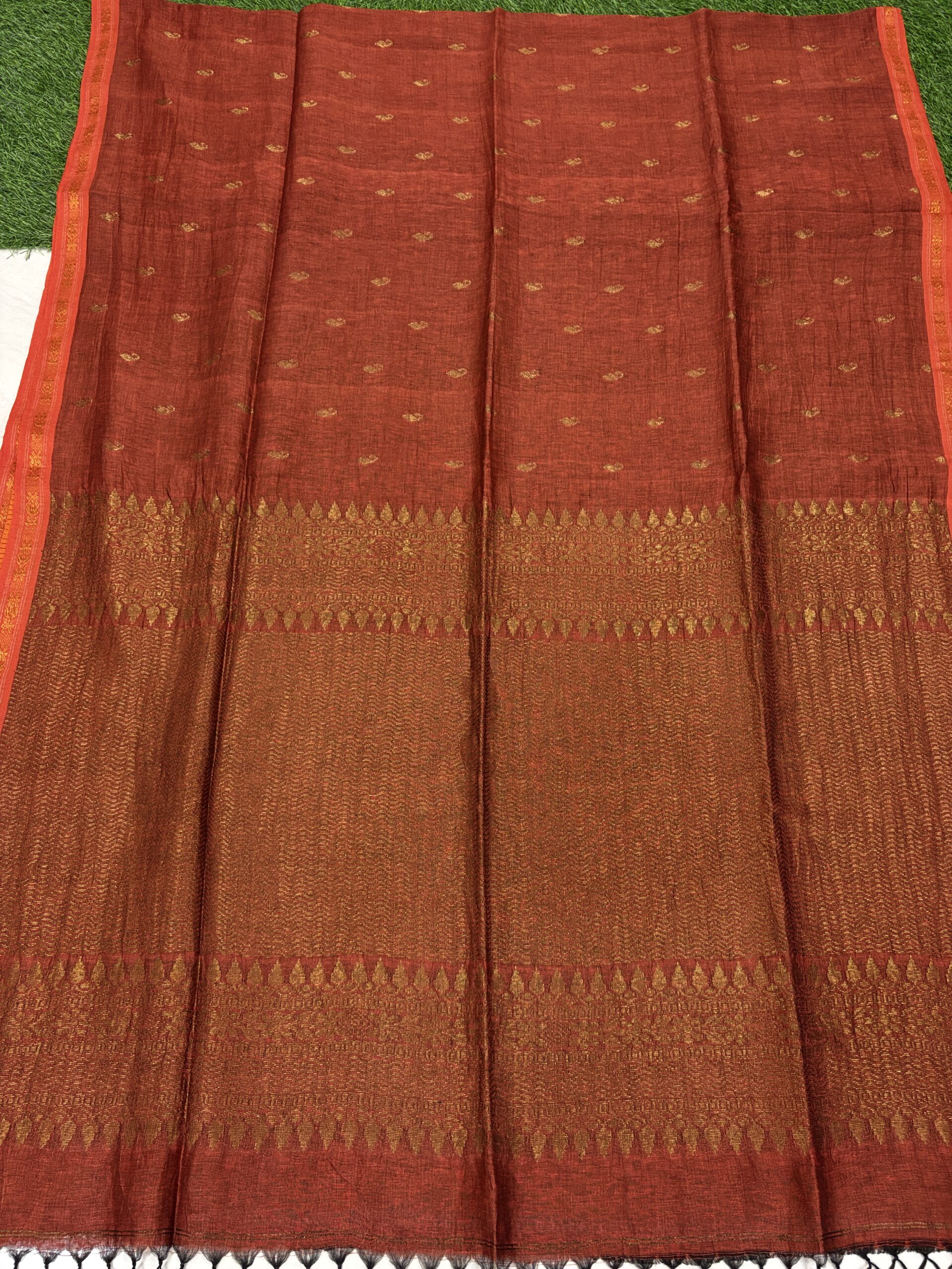 Rust Paisly Buta Organic Linen Jamdani Saree - Image 6